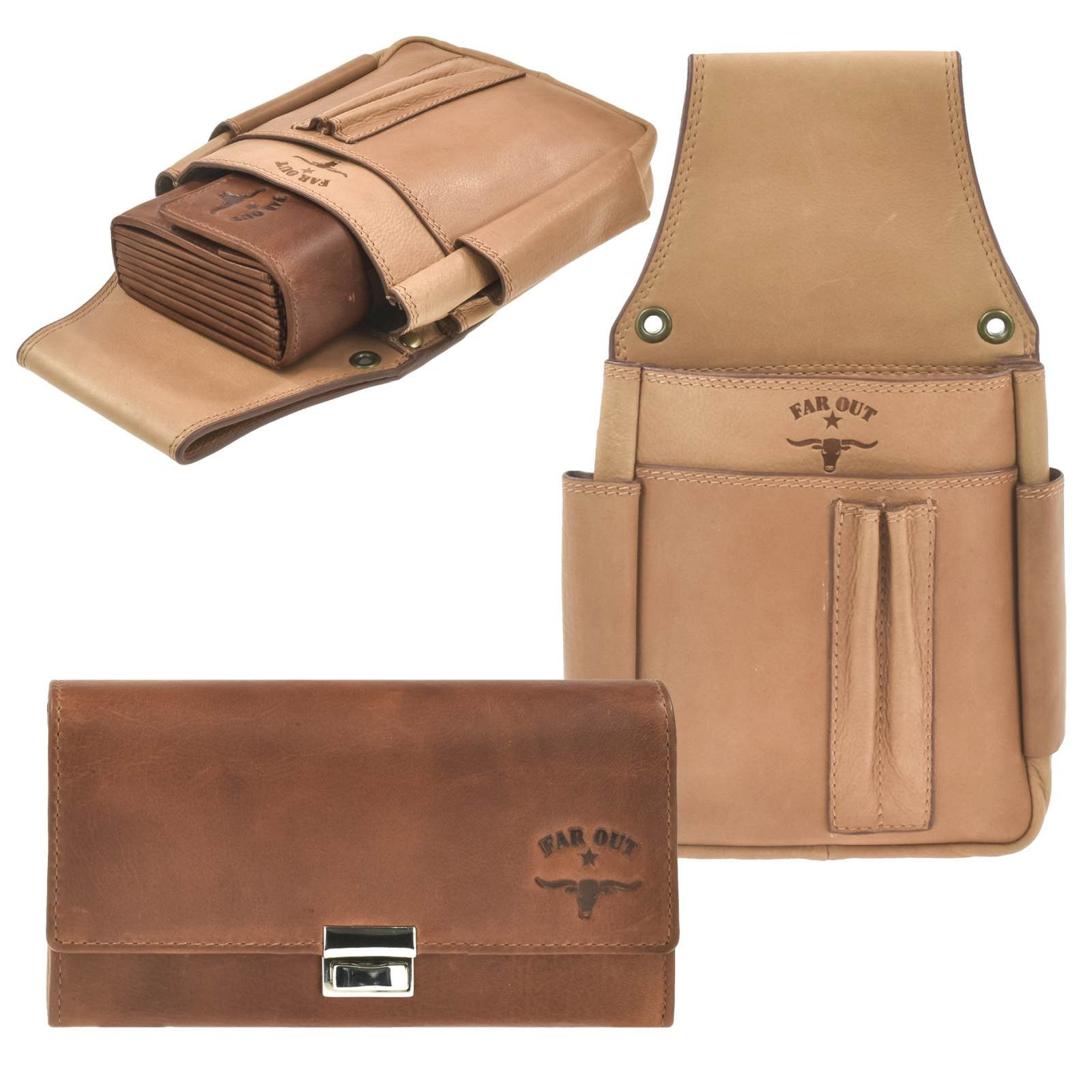 KLOEHN Kellnerbörse Kellnerportemonnaie Set mit Holster FAR OUT Gastro Leder cognac 2-tone (Set, 2-teilig), mit Holster, 7 Scheinfächern, Hartgeldfach und Stifthaltern am Gürtel