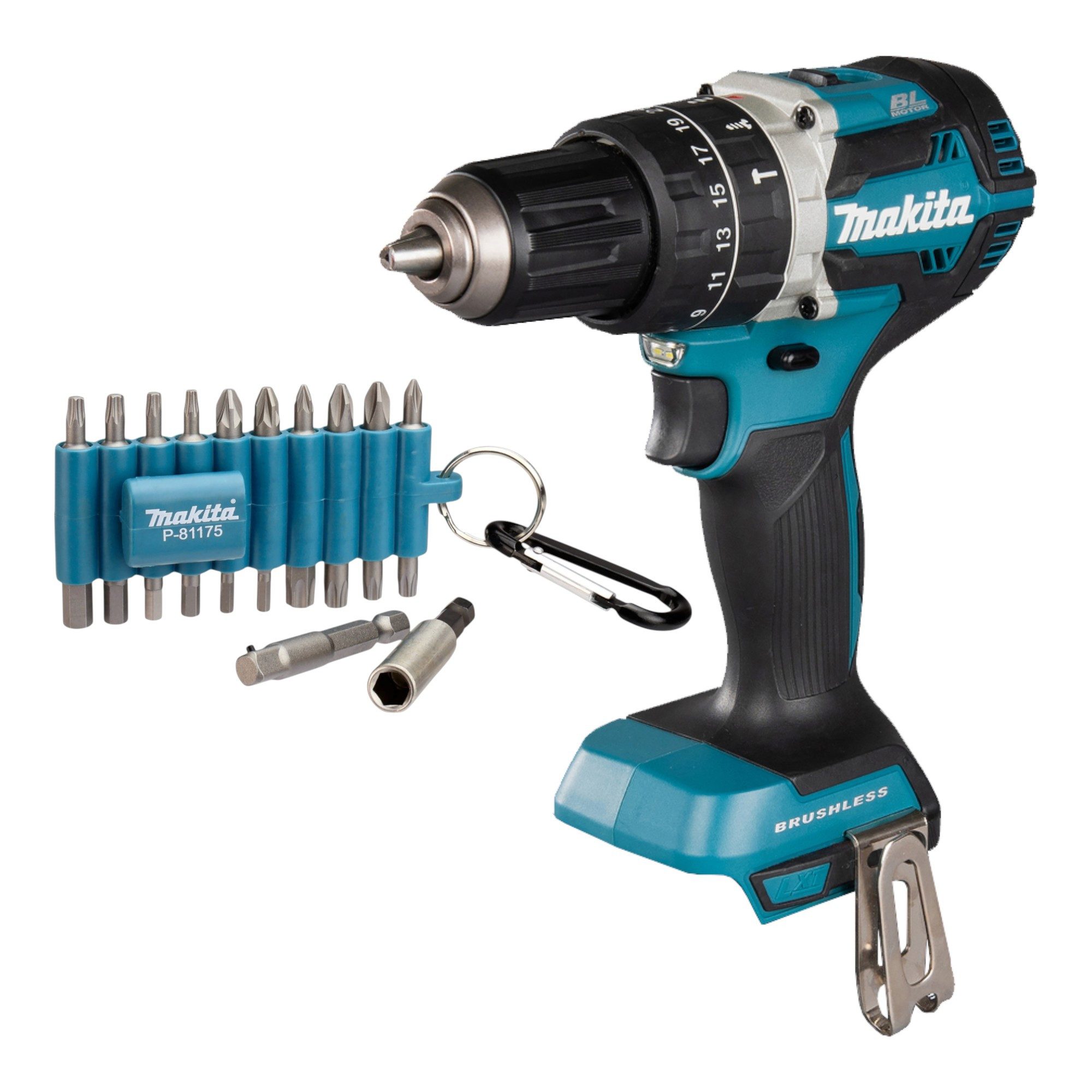 Makita Schlagbohrmaschine DHP 484 Z 18 V 54 Nm Brushless + 22 tlg. Bit Set - ohne Akku, ohne L