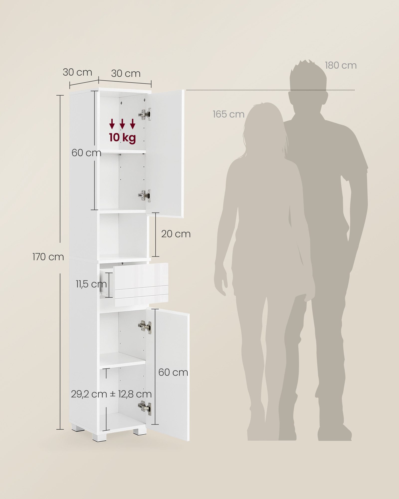 VASAGLE Badkommode Badezimmerschrank Badschrank verstellbare Ablagen, 30 x 30 x 170 cm, mit Einer Schublade, Badezimmermöbel, offenes Fach – Bild 5 von 5