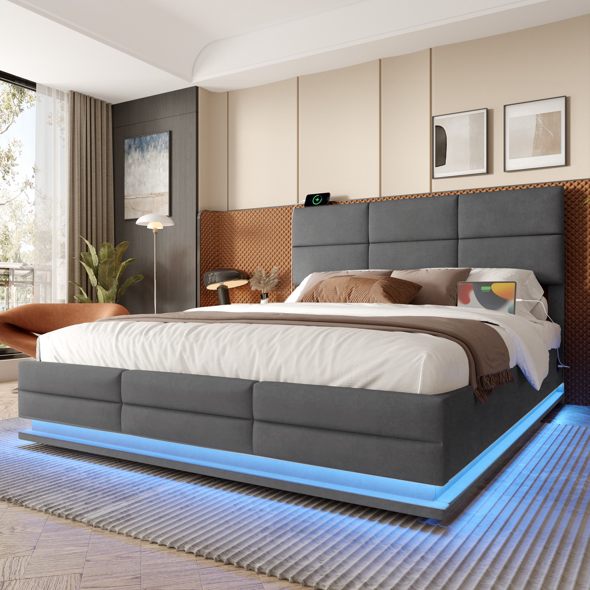Celya Polsterbett mit höhenverstellbarem Kopfteil und LED-Ambientebeleuchtung (ohne Matratze, Inkl. USB und Type-C-Anschlüsse), mit hydraulischem Lift-System und XXL-Stauraum