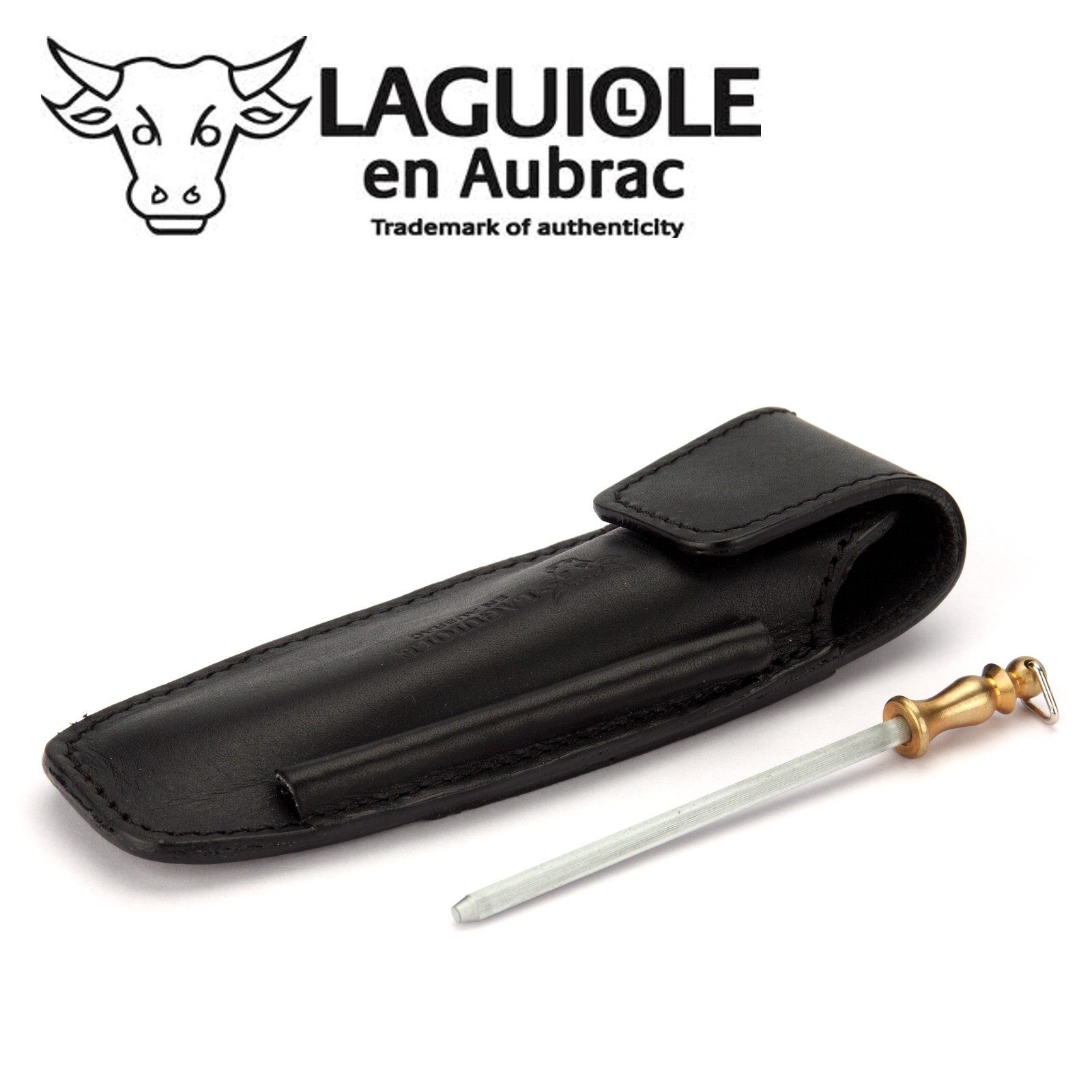 Laguiole en Aubrac Messertasche EAF schwarz, Gürteletui schwarz für Laguiole Messer mit 11/12cm Griff - Schleifstab