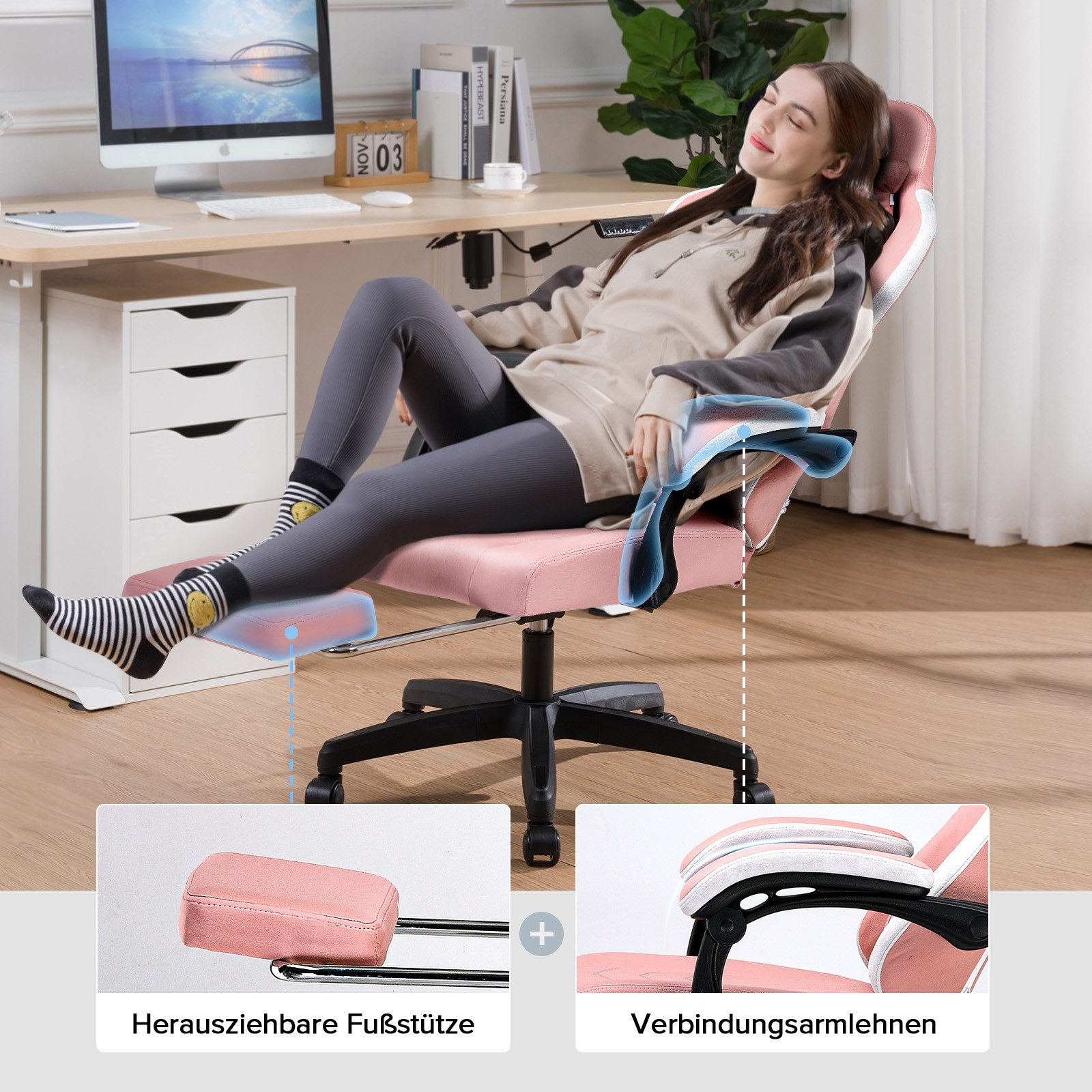 GTPLAYER Gaming-Stuhl Ergonomischer Gaming Sessel Schreibtischstuhl aus Stoff/Kunstleder (Pacekung), Federsitzkissen mit Fußstütze