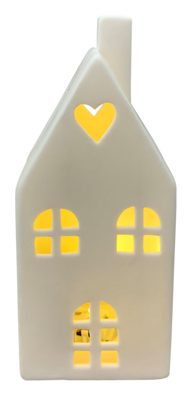 finehomegarden Dekoobjekt Haus mit LED Herz 8,2x7,2cm H19,5cm Dekohaus Porzellan weiß (1 St), Weihnachten Dekoration Herbst