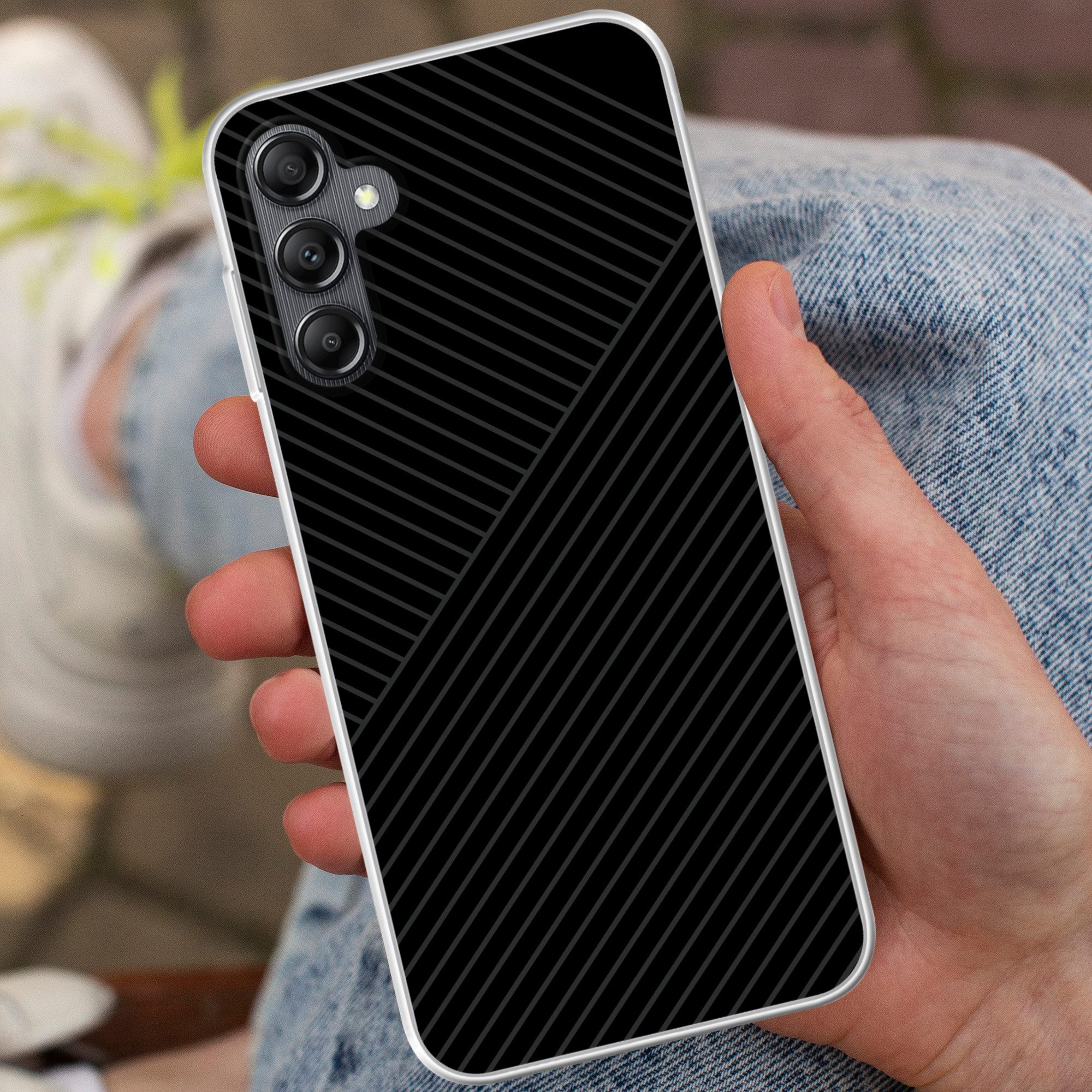MuchoWow Handyhülle für Samsung Galaxy A14 5G Linien - Abstrakt - Schwarz - Grau - Minimal, Smartphone-Bumper, Print, Handy Schutzhülle Dünn