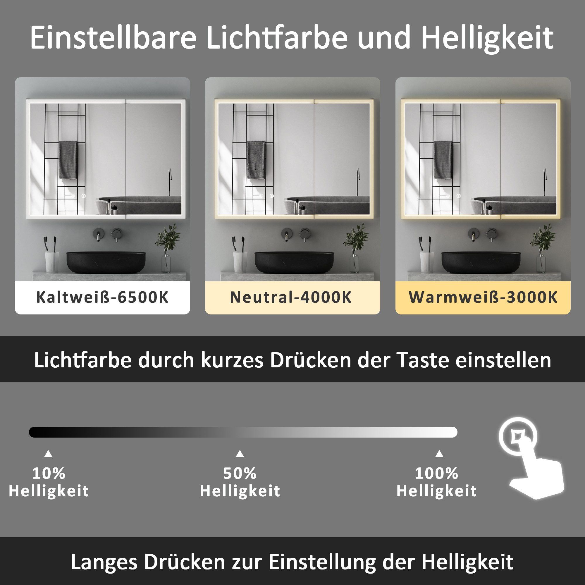 WDWRITTI Spiegelschrank Alu Badezimmerspiegelschrank mit beleuchtung 2-türig 3Licht Dimmbar (Schrank Badezimmer Schwarz, Anti-fog, Speicherfunktion) 80 B x 60 H x 13,5 T cm