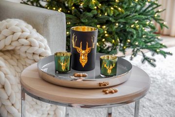 EDZARD Windlicht Lio, Kerzenglas mit Hirsch-Motiv in Gold-Optik, Kerzenhalter für Teelicht und Maxi-Teelicht, Höhe 18 cm, Ø 11,5 cm