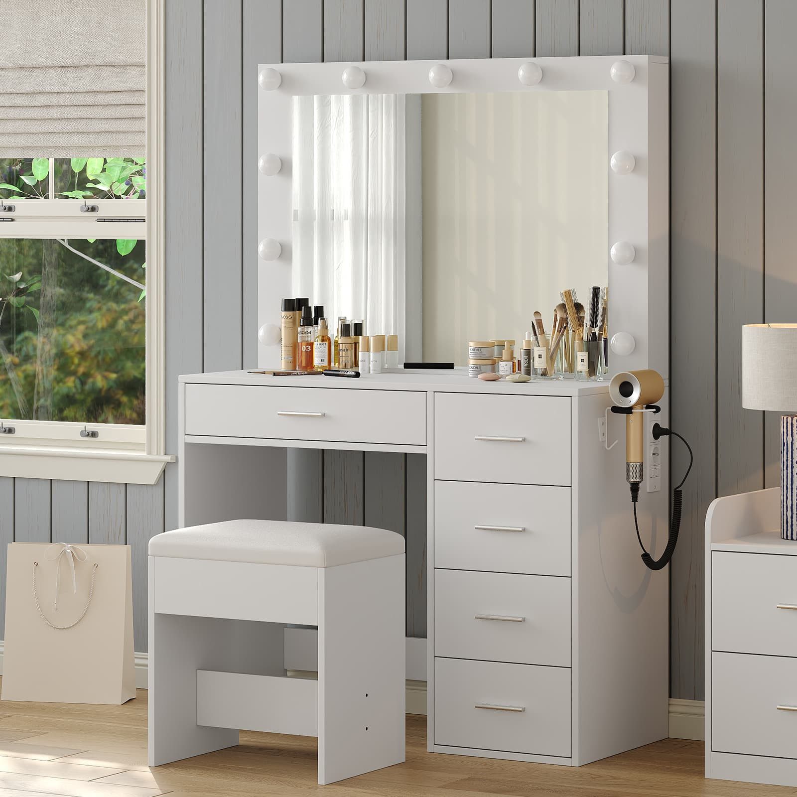 Yanosaku Schminktisch 94cm mit Spiegel & 11 LED, 3 Modi, 5 Schubladen, Weiß (1-St), Praktischer Schminktisch mit USB-Anschlüssen und stilvollem Design