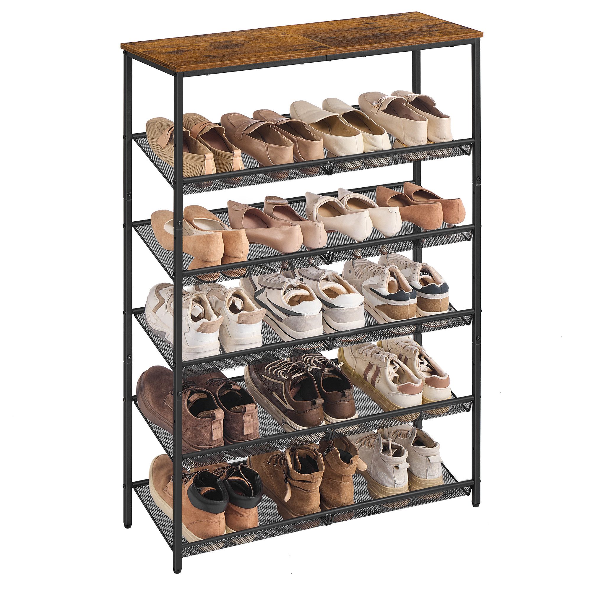 VASAGLE Schuhregal Schuhschrank offen, Schuhablage, für Taschen, Eingangsbereich, Flur, 6 Ebenen, verstellbare Gitterablagen, Industrie-Stil, 28 x 75 x 114 cm