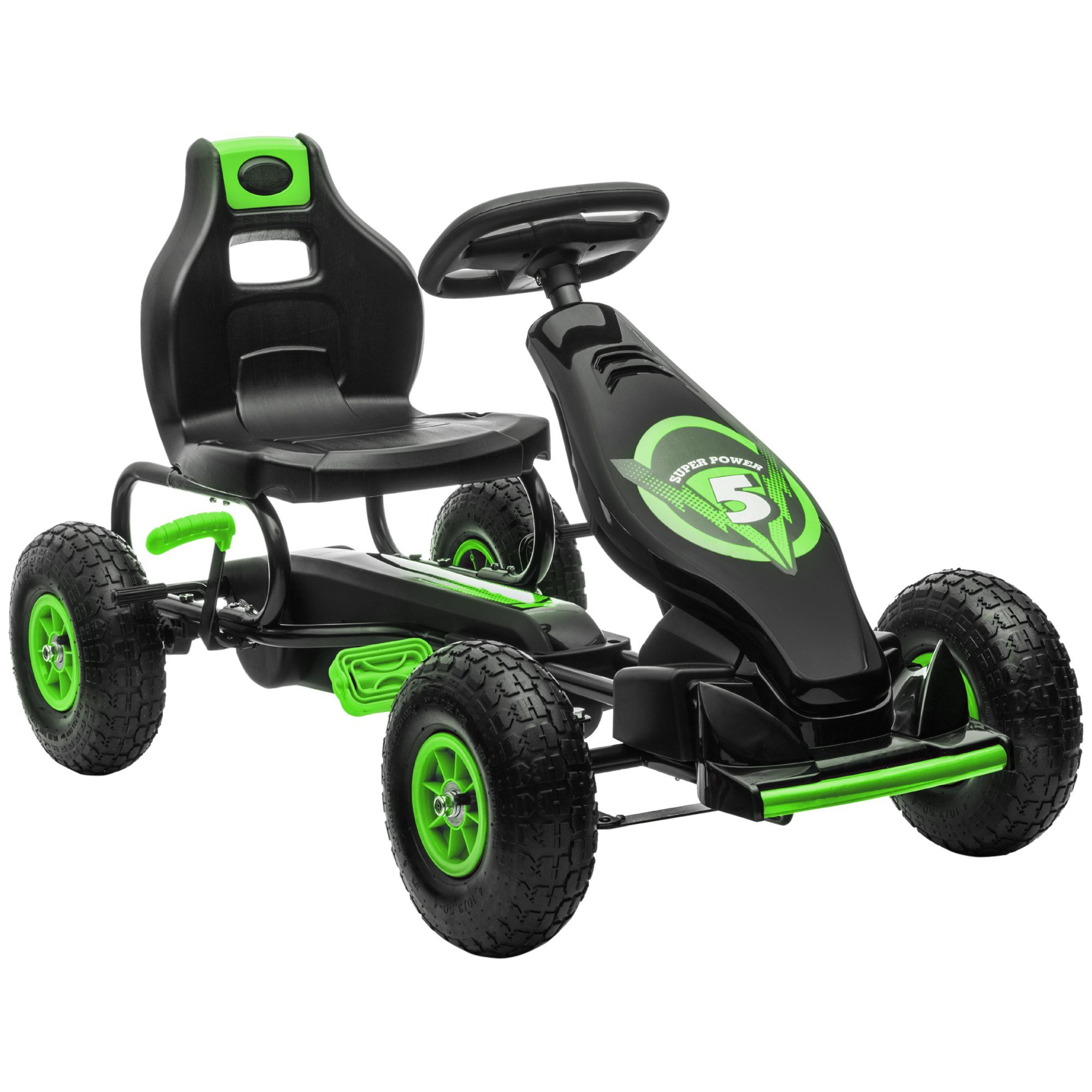 HOMCOM Go-Kart Kettcar Tretauto mit Gummireifen, für Kinder ab 5 Jahren, Grün+Schwarz, 121L x 58B x 61H cm