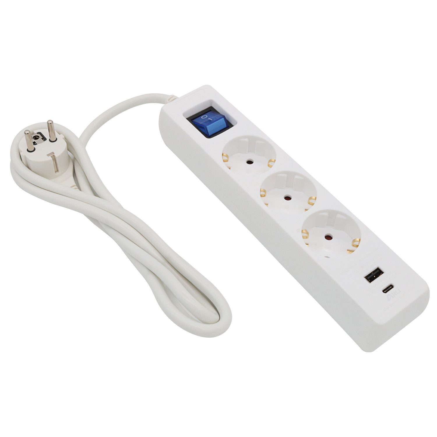 ARLI 1,5m Steckdosenleiste weiss 3 fach mit USB Steckdosenleiste 3-fach (Kindersicherung, Berührungsschutz, Schutzkontaktstecker, Kabellänge 1.5 m), + USB-C Ladebuchse Schalter flachem Winkelstecker