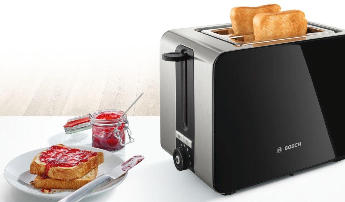 BOSCH Toaster ComfortLine TAT7203, integrierter Edelstahl-Brötchenaufsatz, 2 kurze Schlitze, für 2 Scheiben, 1050 W, Abschaltautomatik, Auftaufunktion, Edelstahl/schwarz