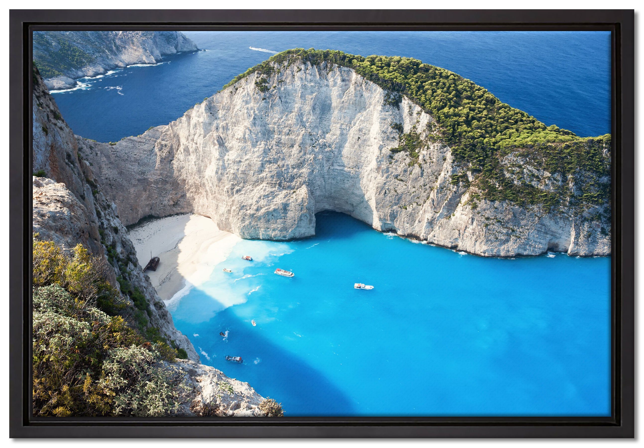 mit gefasst, bespannt, Sandstrand, St), Leinwandbild Leinwandbild Wanddekoration Zackenaufhänger in Pixxprint Schattenfugen-Bilderrahmen Bucht inkl. einem (1 fertig