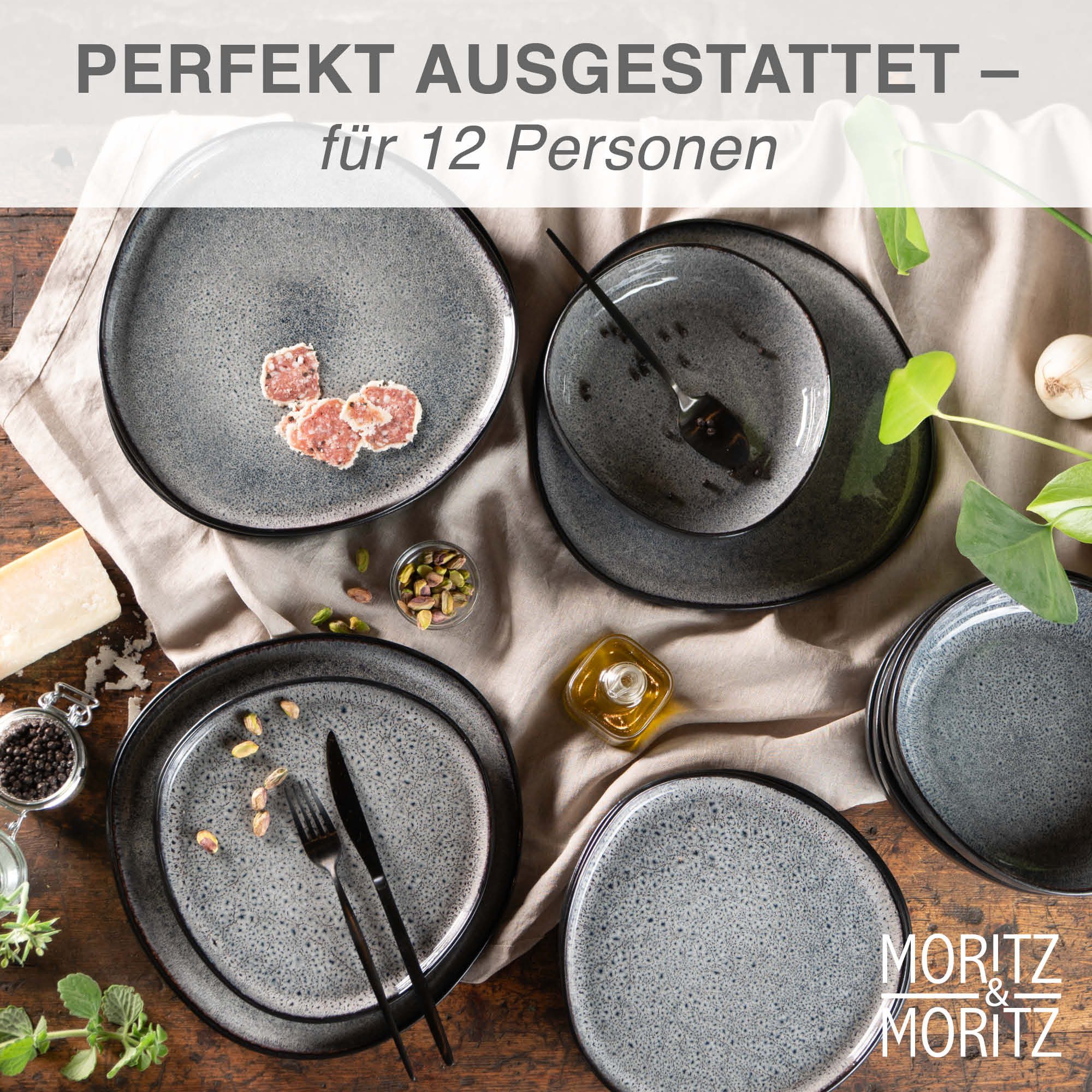 Moritz & Moritz Kombiservice ORGANIC Grau Geschirrset 36tlg (36-tlg), 12 Personen, Steinzeug, Kombigeschirr für 12 Personen