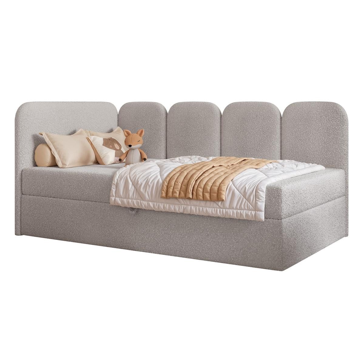 Compleo Boxspringbett Jugendbett DREAMY, Polsterbett mit Bettkasten, 80/90/100/120x200, Kopfteil links oder rechts, Boucle oder Velvet