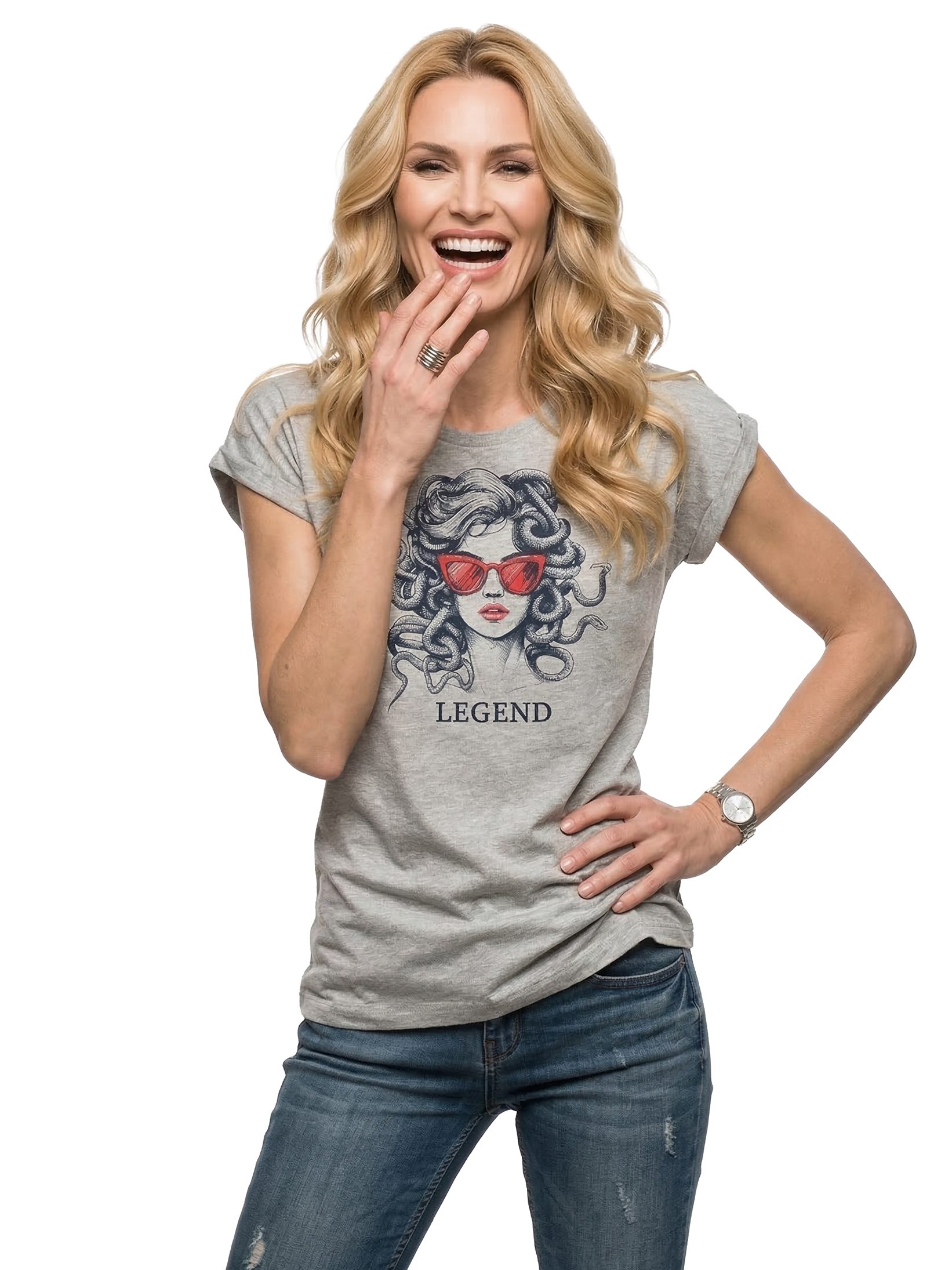 MAKAYA T-Shirt Medusa Damen-Top – Frauenmotiv mit Sonnenbrille & Schlangen (Weiß, Rosa, Hellgrau, 34, 36, 38, 40, 42, 44, 46, 48, 50) Baumwolle