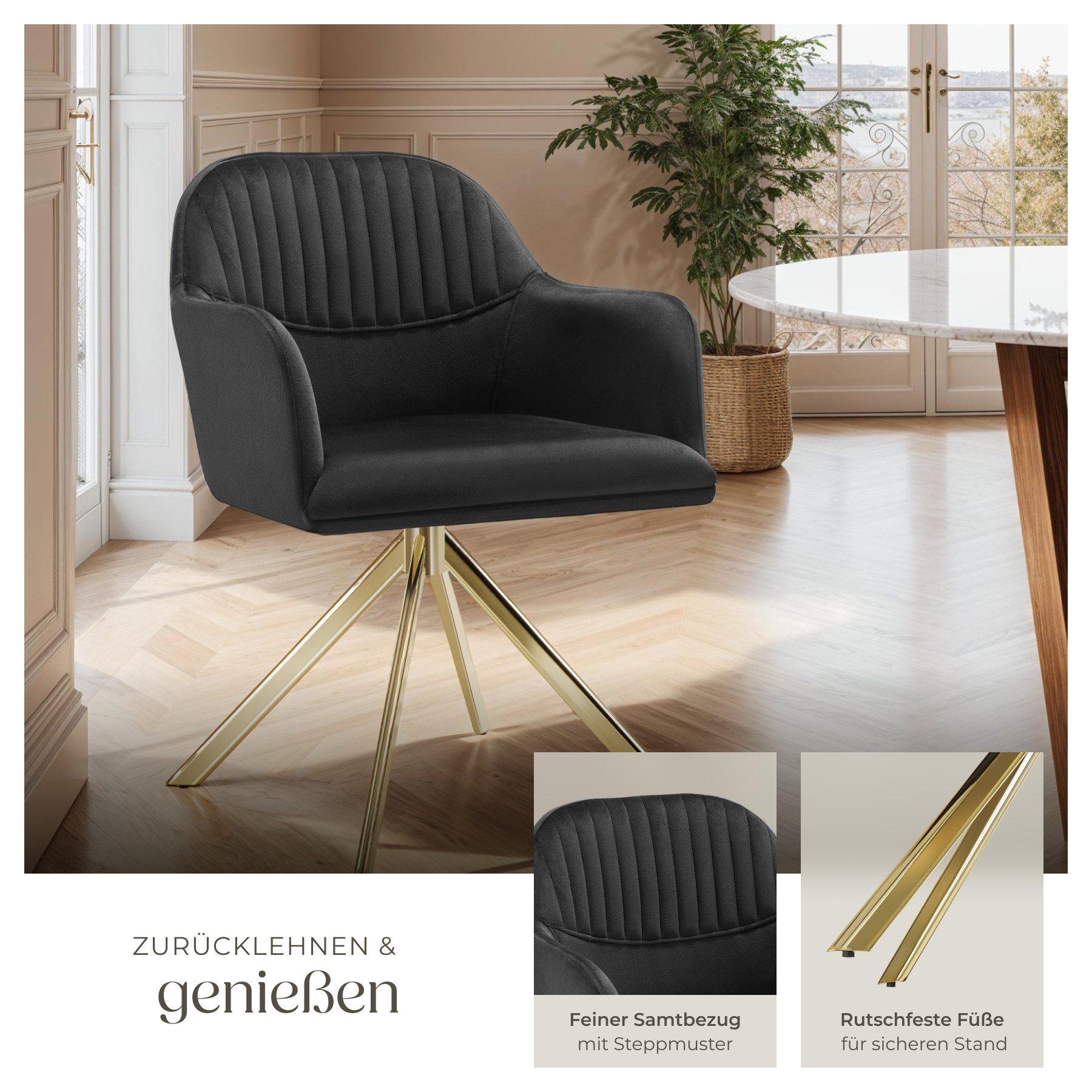 tectake Esszimmerstuhl Samt-Drehstuhl gepolstert, mit durchgehender Lehne, 56 x 59 x 81 cm (Bürostuhl Lona in schwarz/gold, 6 St), 360° drehbar, schlanke Stahlb – Bild 4 von 5