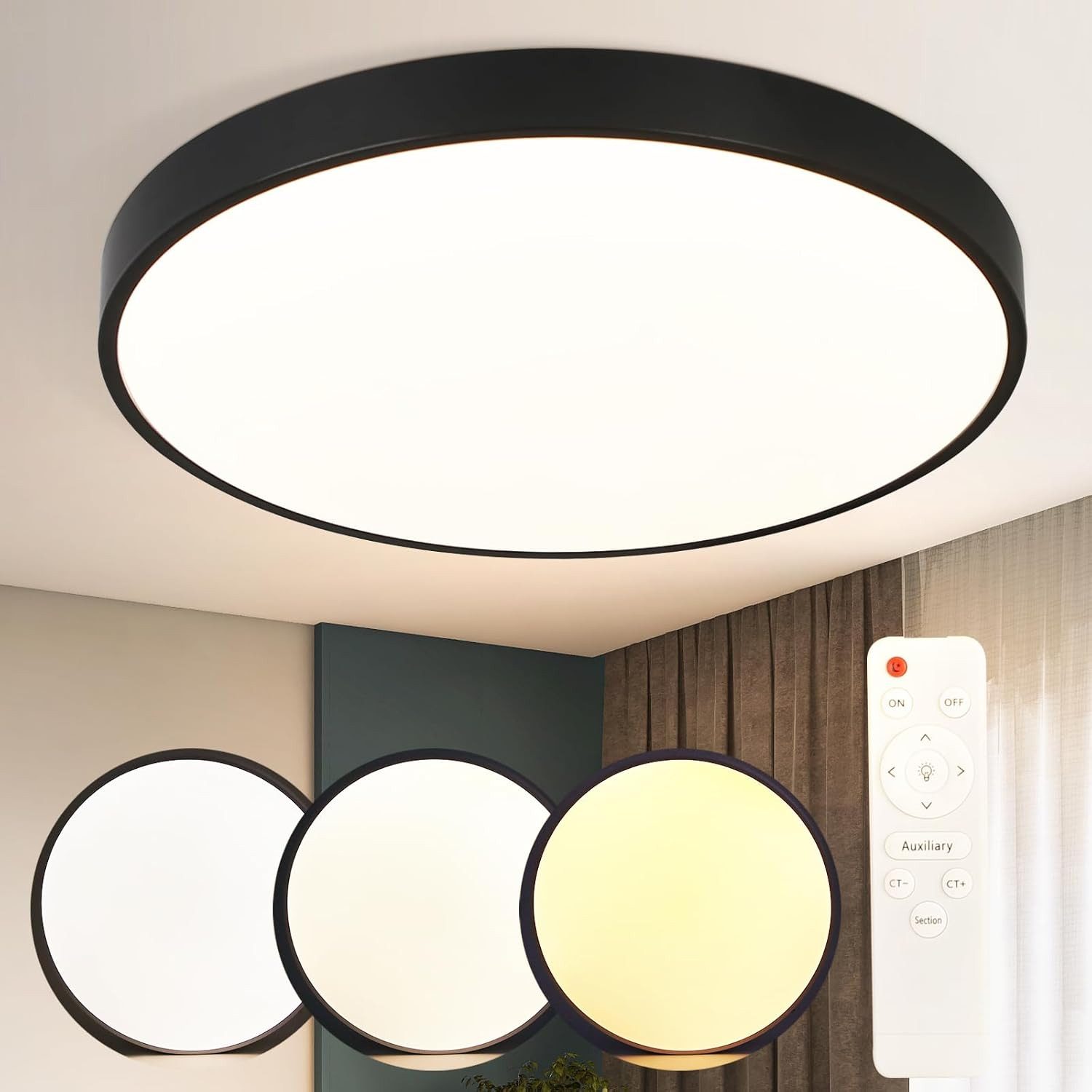 ZMH LED Deckenleuchte Wohnzimmer Rund Schwarz/Weiß Deckenlampe Flach Küchenlampe
