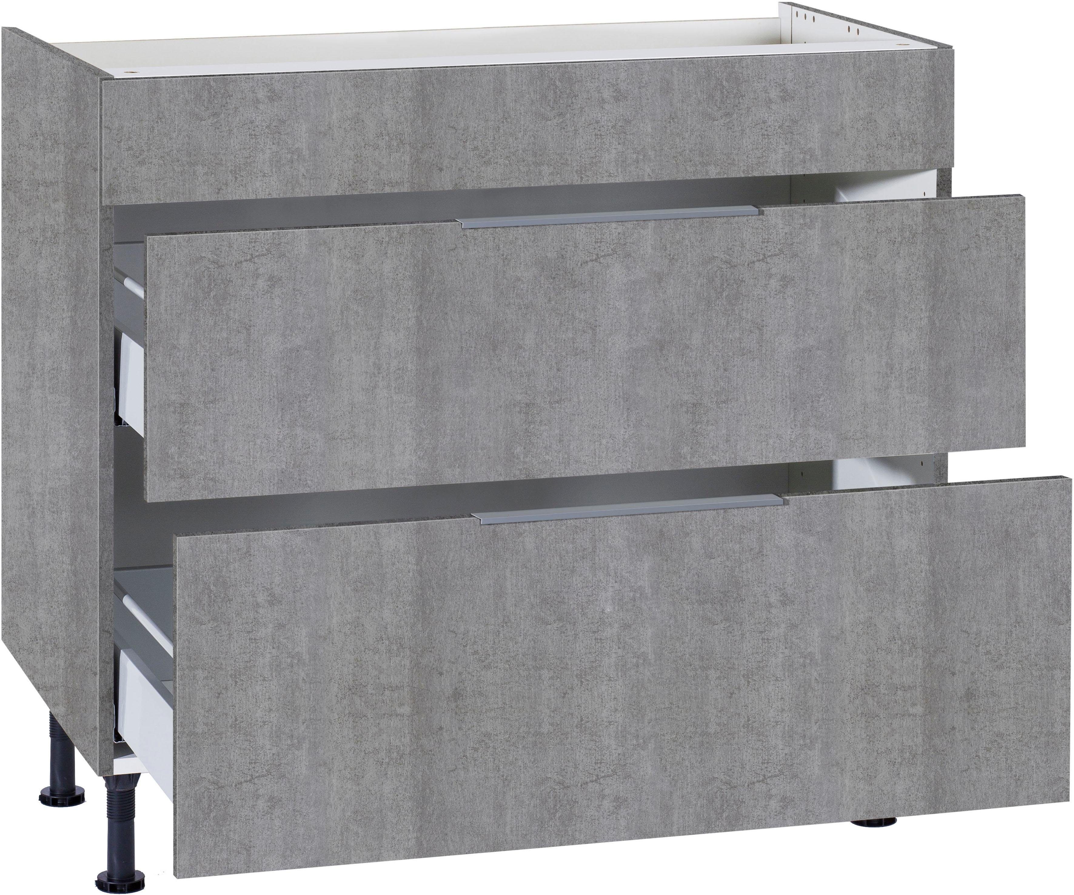 OPTIFIT Breite Soft-Close-Funktion, cm Tara betonfarben und Kochfeldumbauschrank 90 mit Vollauszug | betonfarben