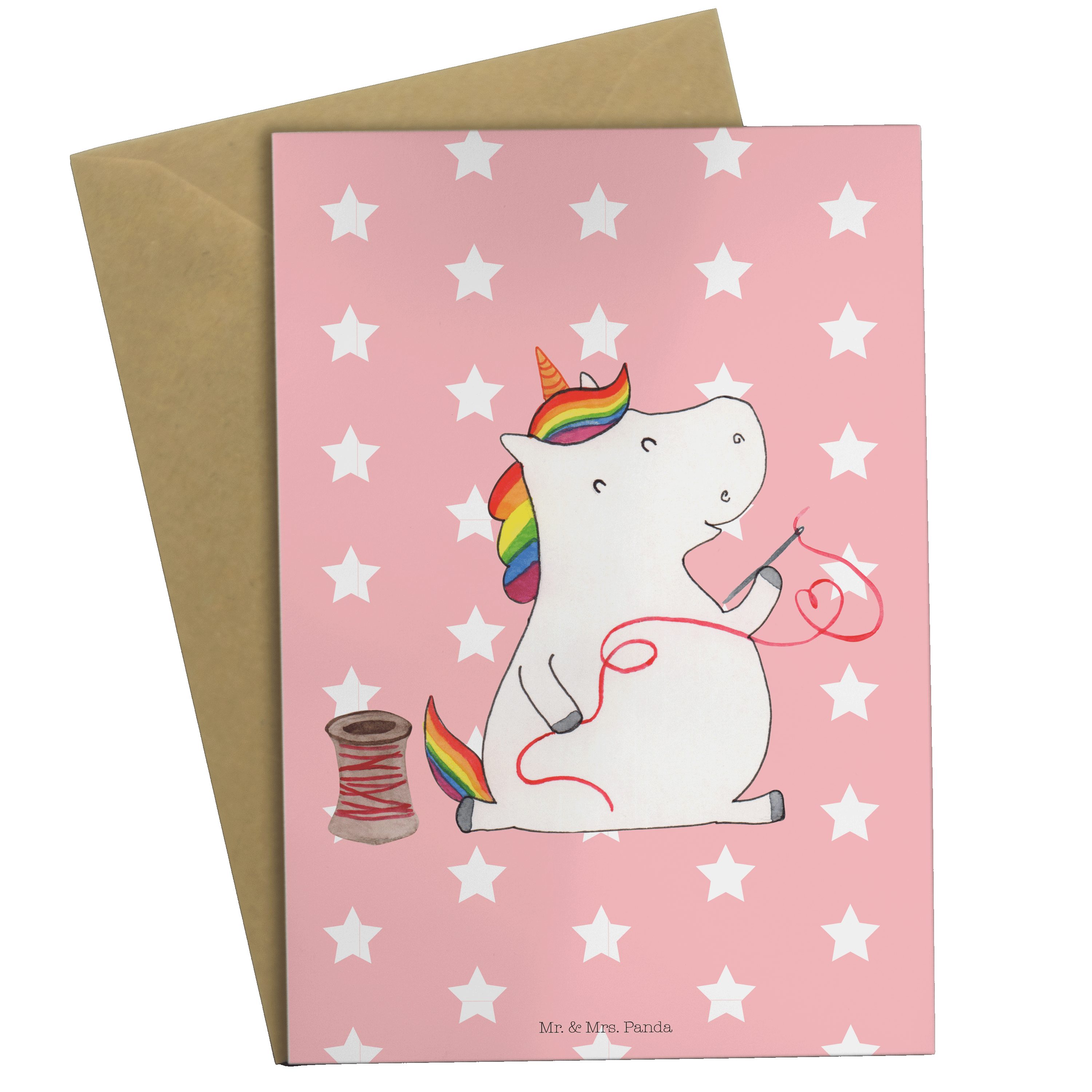 Mr. & Mrs. Panda Grußkarte Einhorn Näherin - Rot Pastell - Geschenk, Geburtstagskarte, Einhörner