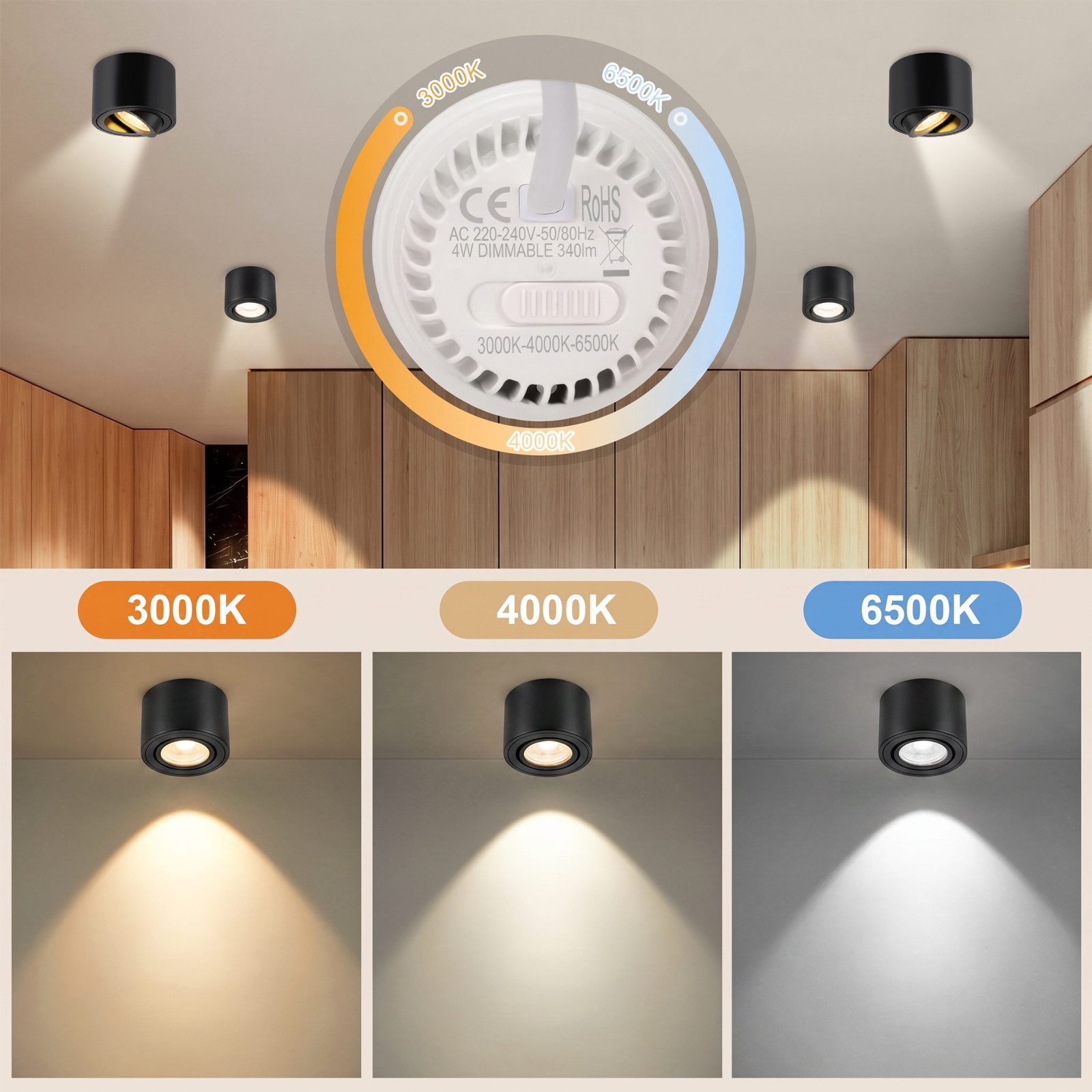 ZMH LED Einbaustrahler 4er-Set weiß 4W dimmbar schwenkbar Aufbauspot 3CCT Deckenspots, Schwenkbar, LED fest integriert, Aufputz-Deckenleuchte – Bild 4 von 5