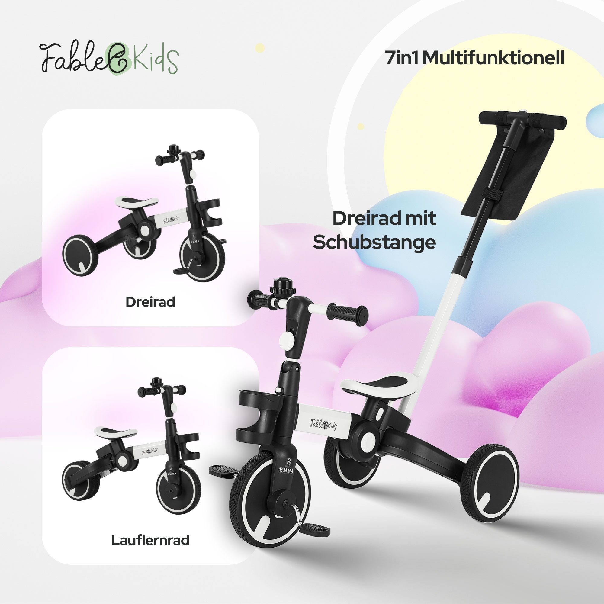 FableKids Dreirad EMMA 7in1 Kinderdreirad Laufrad Lernrad Kinder Fahrrad, ab 18 Monaten Becherhalter, Klingel Lenkstange