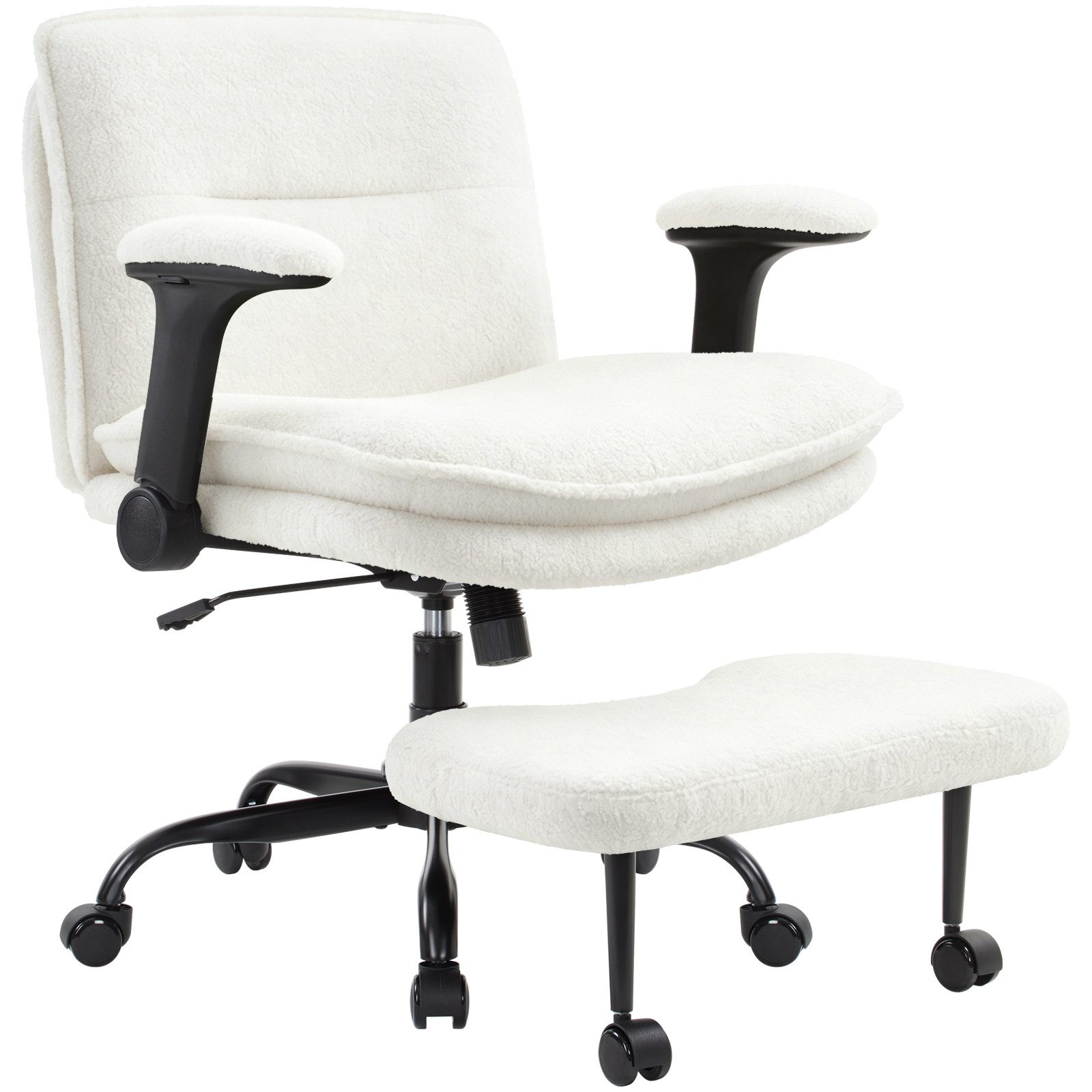 IWMH Bürostuhl mit Fußstütze (Ergonomisch Schreibtischstuhl mit klappbare Armlehnen), Höhenverstellbar ADHS Kniestuhl, Teddystoff Drehstuhl mit Rollen