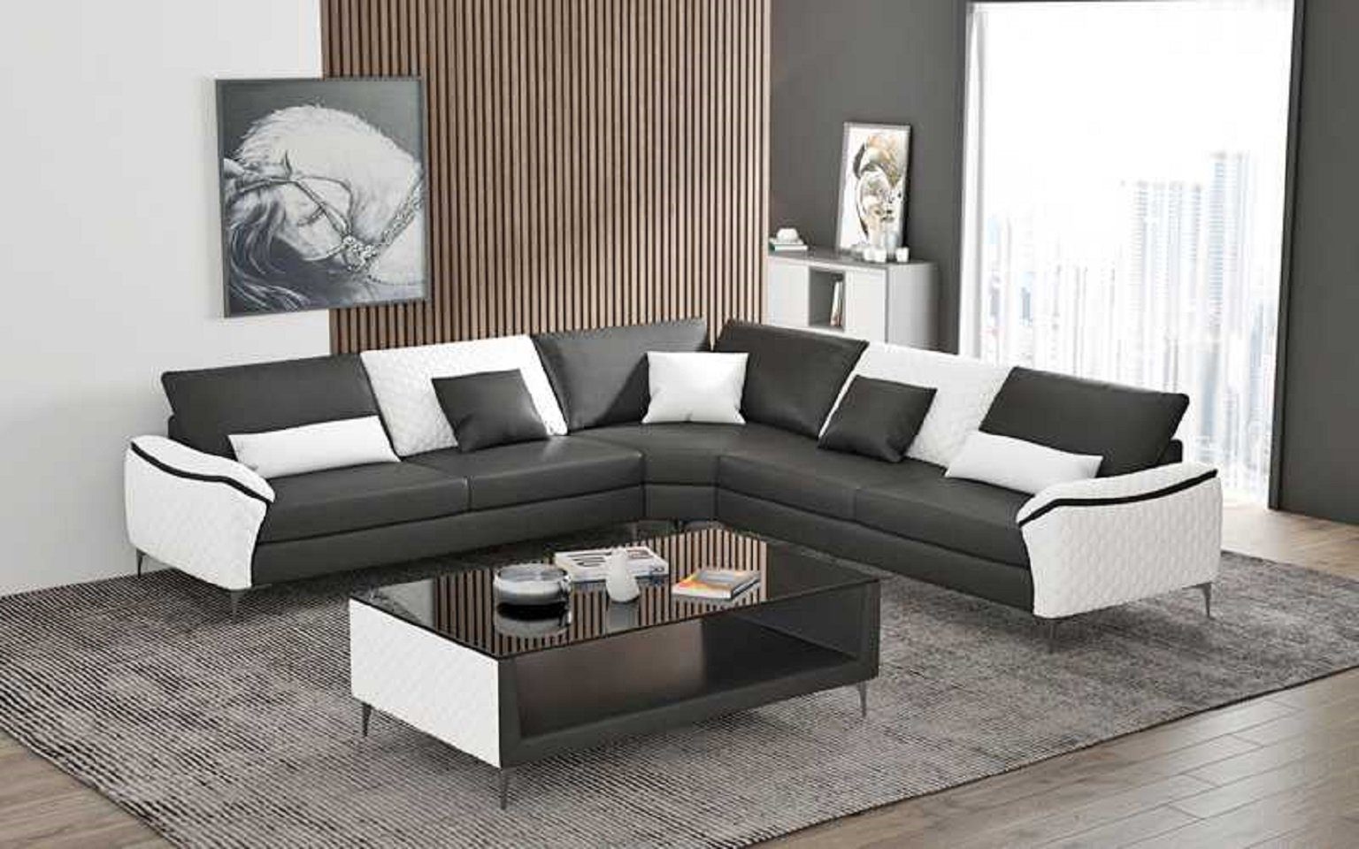JVmoebel Ecksofa Teile, Eckgarnitur Luxus, Form L Schwarz in Design Ecksofa Couch Sofa Made 3 Europe Luxus