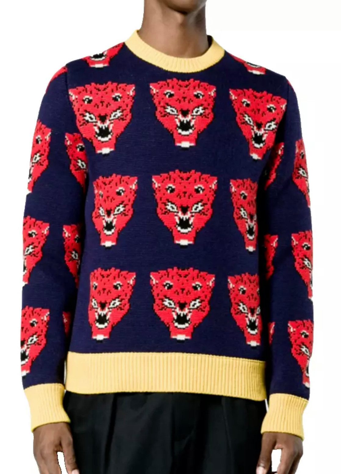 GUCCI Strickpullover Angry Cat Tiger Pullover Allover-Jacquard-Strickmuster mit kontrastierenden Bündchen