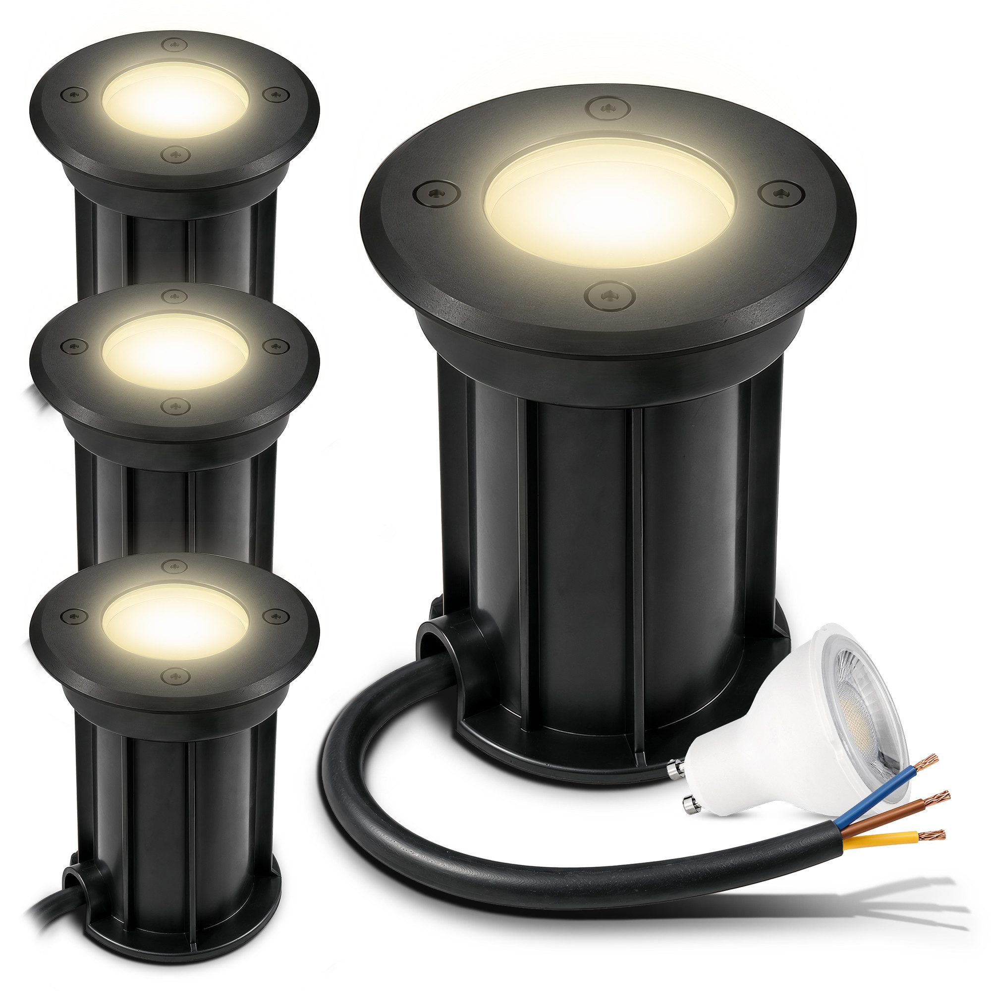 linovum LED Gartenstrahler 4 x BORU LED Bodeneinbauspots schwarz IP67 mit GU10 LED Strahler, Warmweiß