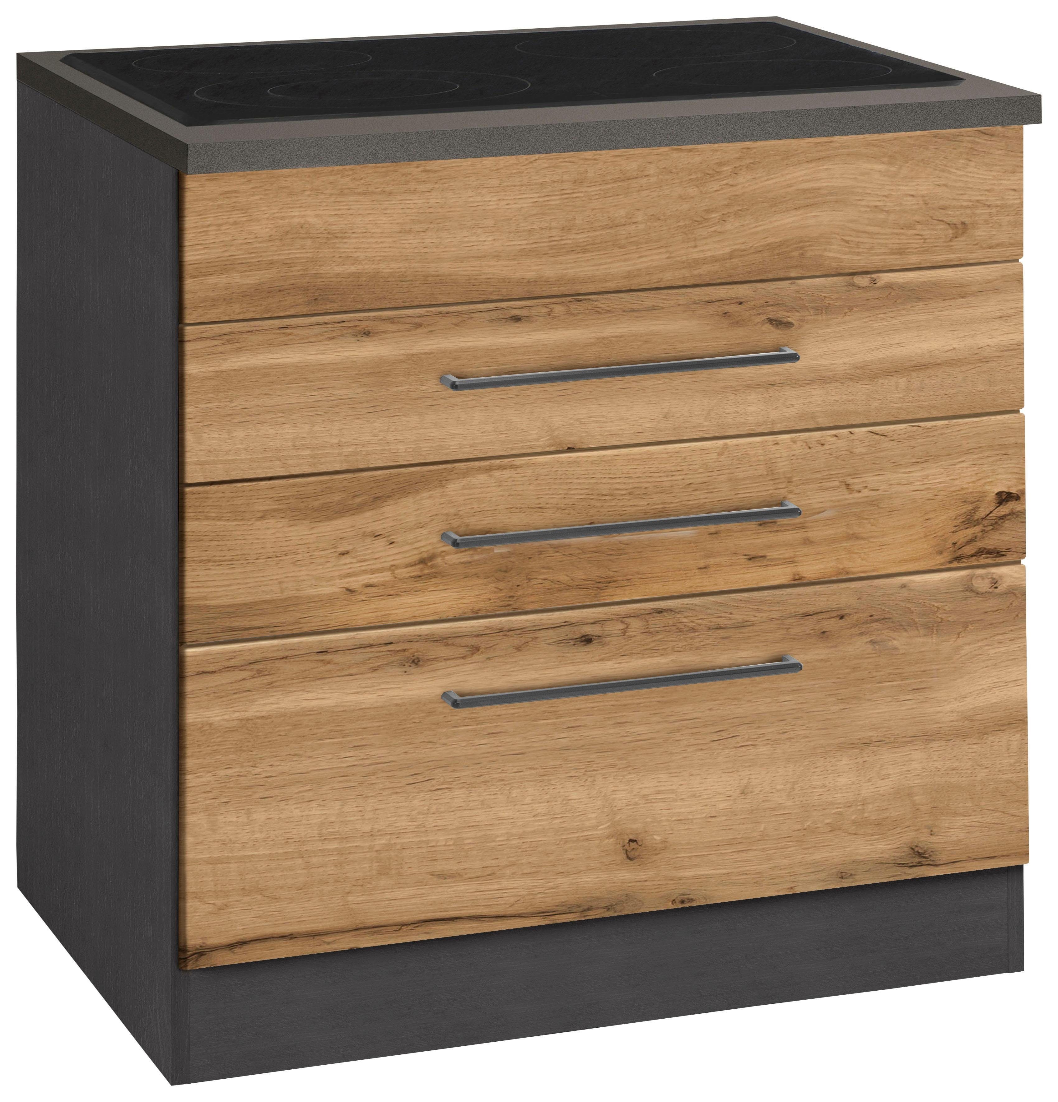 KOCHSTATION Kochfeldumbauschrank KS-Tulsa 80 cm breit, 2 Schubladen, 1 großer Auszug, schwarzer Metallgriff