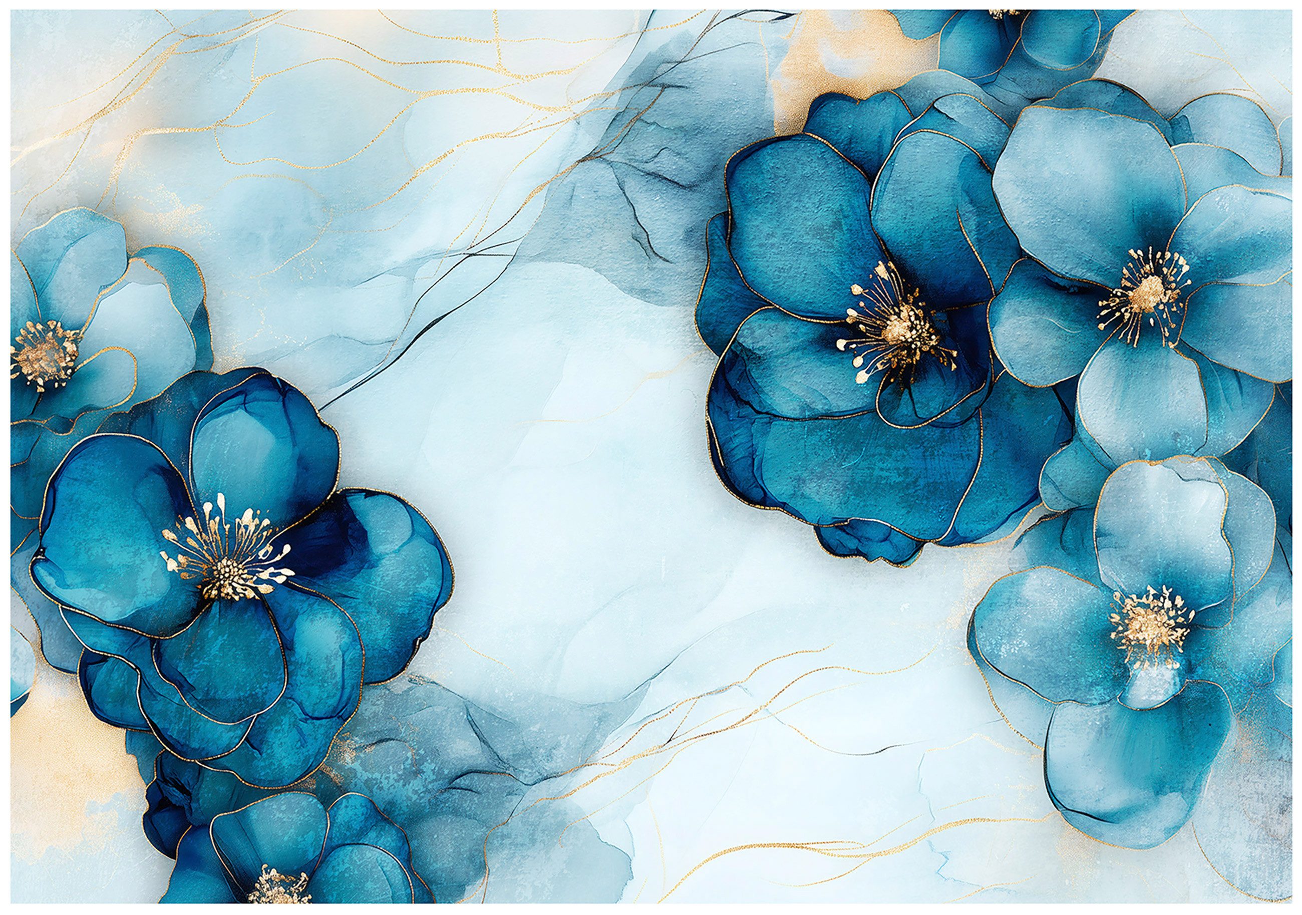 Wallarena Fototapete Blumen Blau Natur Vlies Tapete Wohnzimmer Schlafzimmer Wandtapete, Glatt Vlies oder Struktur Vinyl, Blumen, Blau, Natur, Gold, Marmor, (Vlies Fototapete, Vlies Fototapete), Vliestapete Blau Wohnzimmer Schlafzimmer Küche Tapete + Kleister
