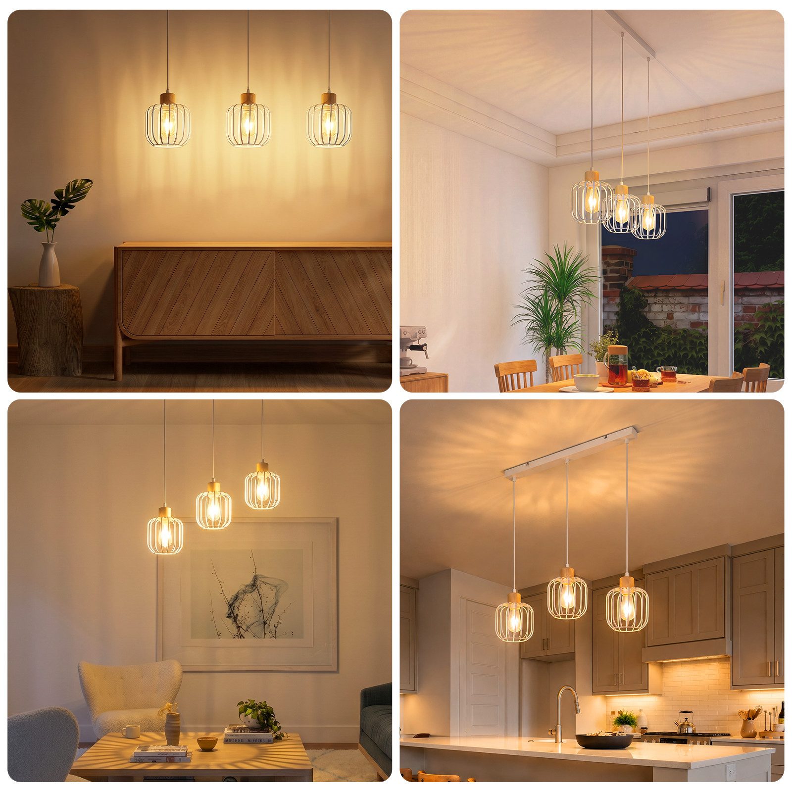 ZMH Pendelleuchte Grau & Weiß 3-flammige, E27, Holz+Eisen, für Esszimmer & Küche, ohne Leuchtmittel, Offener Lampenschirm, maximal 25 W pro Kopf, ohne Glühbirne – Bild 4 von 5