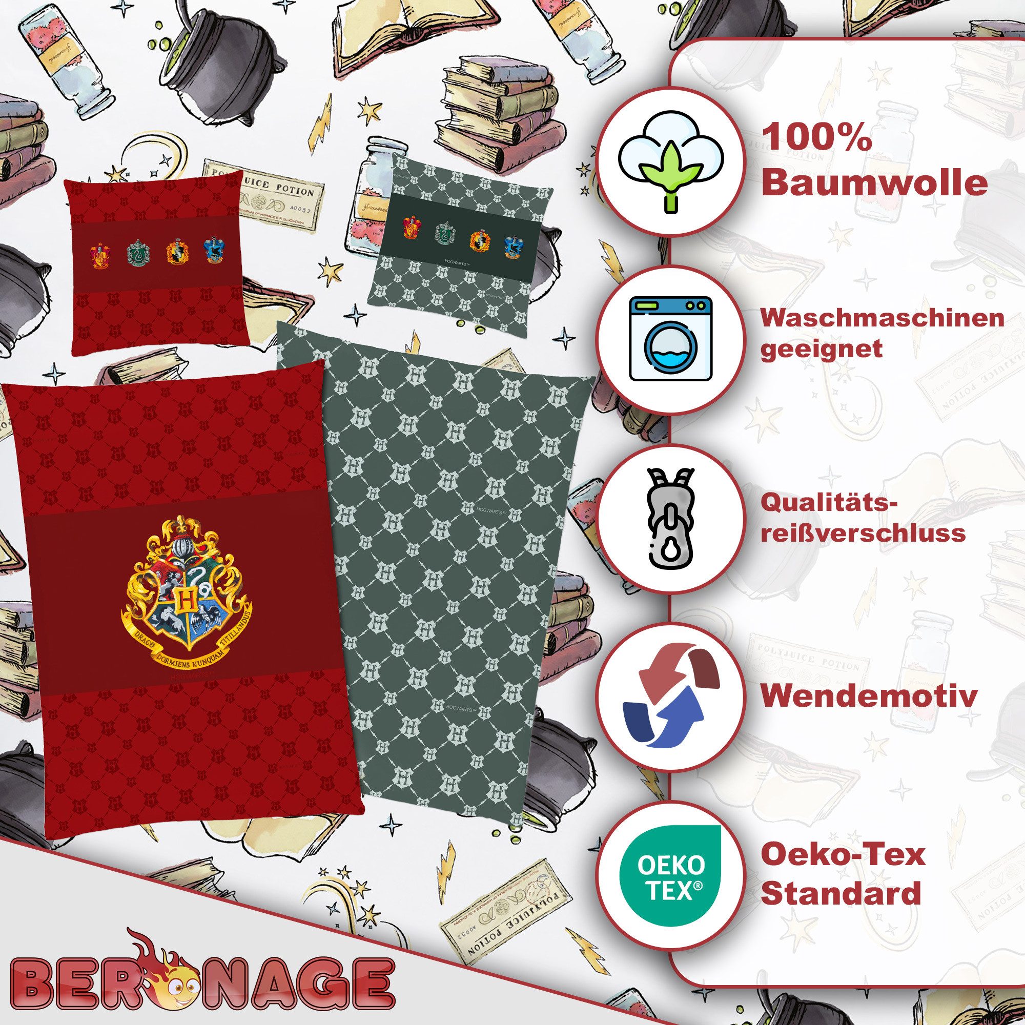 BERONAGE Wendebettwäsche Harry Potter Bettwäsche Zauberschule Rot Linon / Renforcé, Baumwolle, 2 teilig