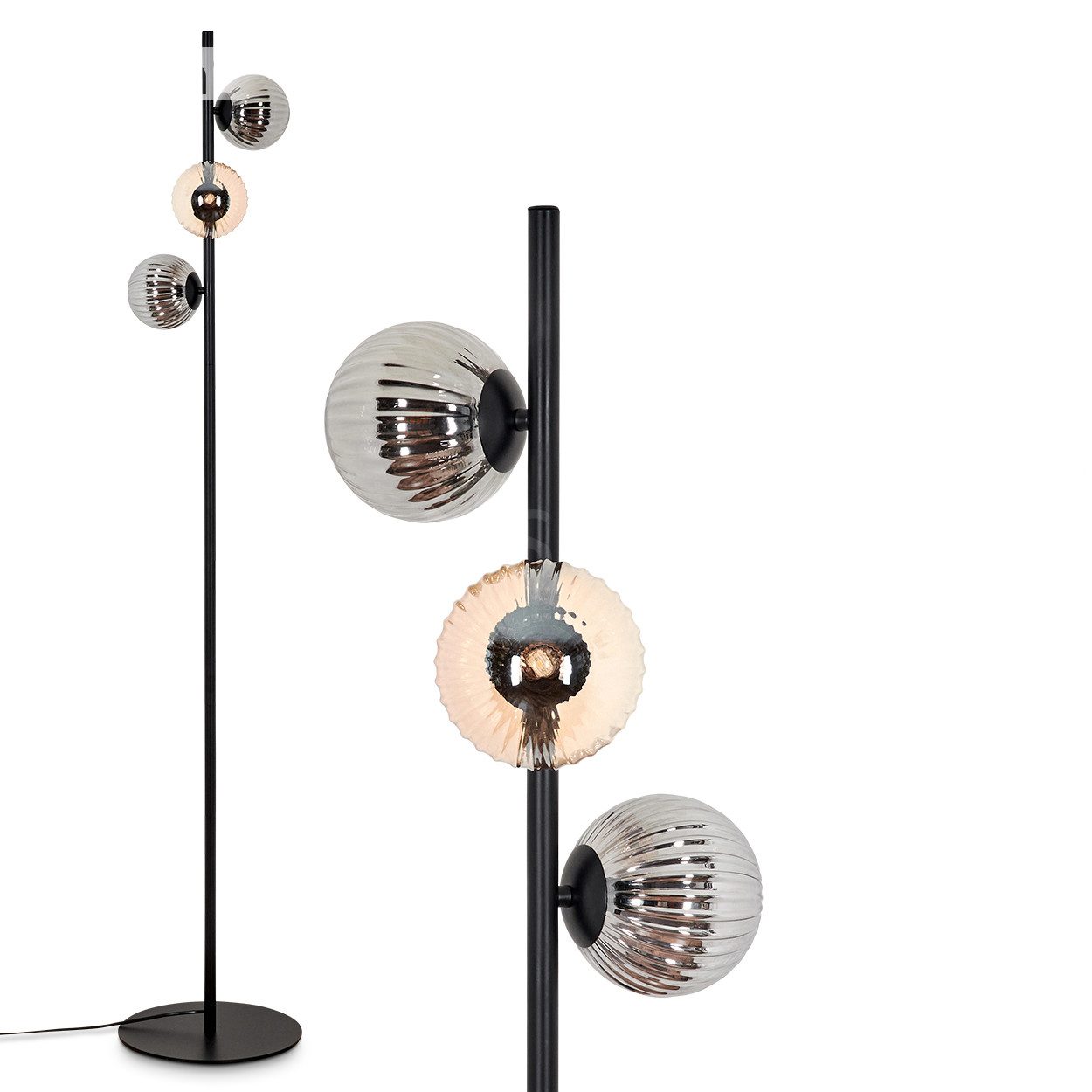 Stehlampe Stehlampe aus Metall/Riffelglas in Schwarz/Rauch/Bernstein