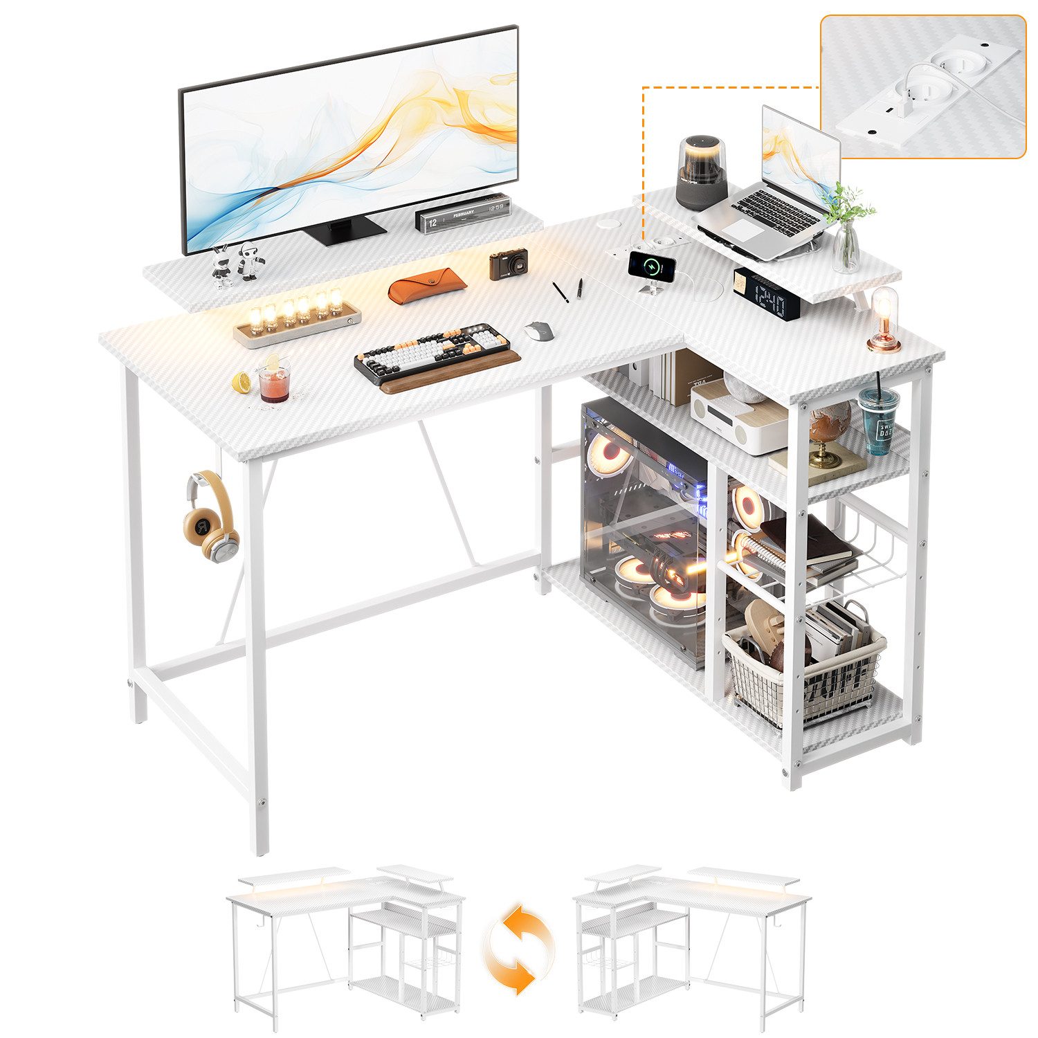 Furnicopia Eckschreibtisch L-förmiger Gaming-Schreibtisch mit Stauraum, Steckdosen und LED (120/140 cm großer Schreibtisch mit zwei Monitorhalterungen, zwei Ablagen, einer verstellbaren Ablage, einem Becherhalter und einem Kopfhörerhalter)