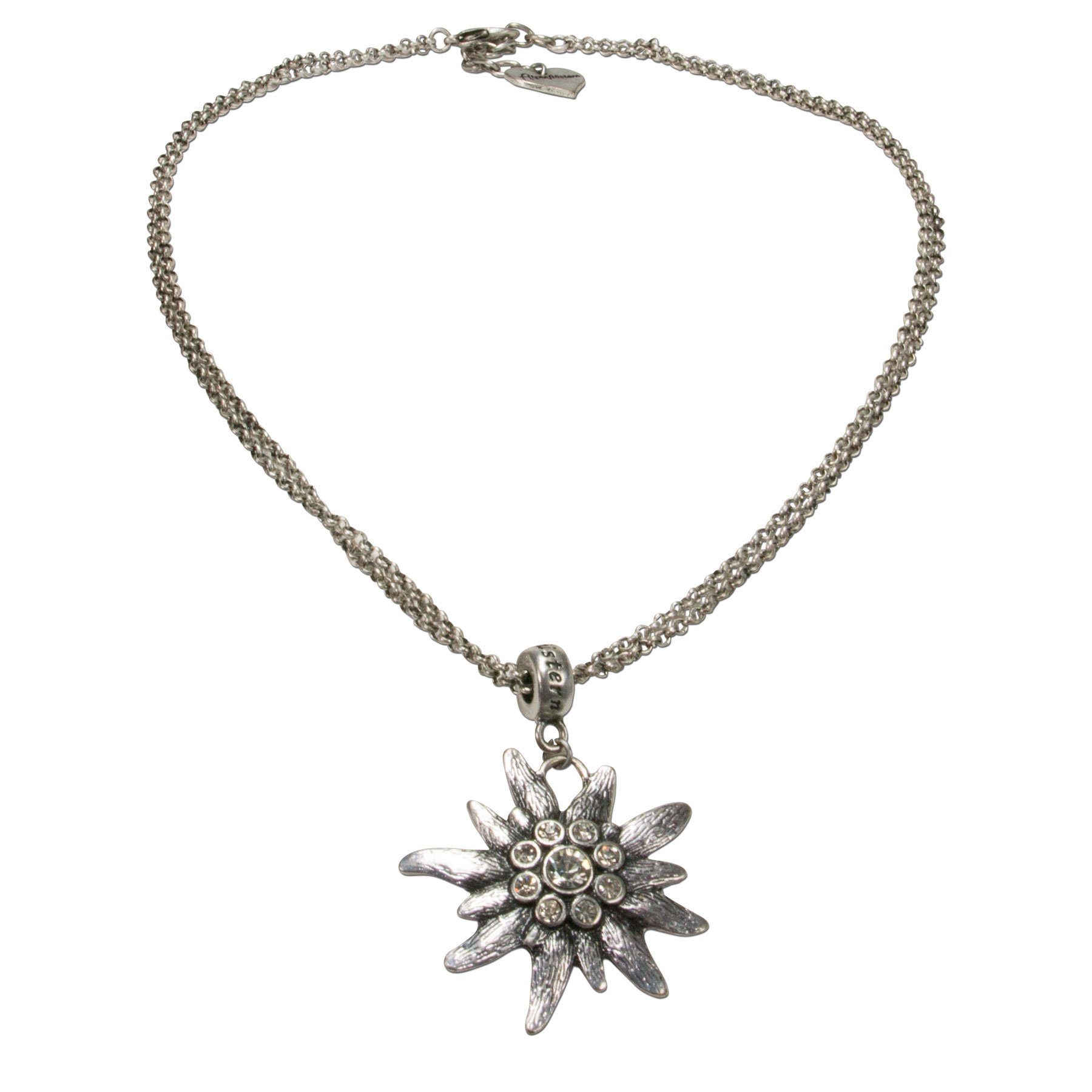 Alpenflüstern Collier Trachtenkette Strass-Edelweiß (antik-silber-farben), - Damen-Trachtenschmuck Dirndlkette