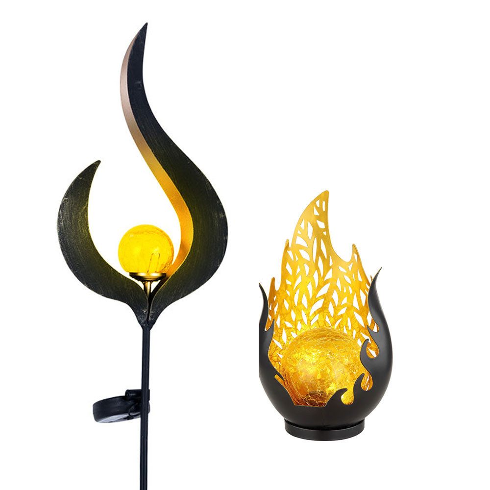 GLOBO LIGHTING LED Solarleuchte, LED-Leuchtmittel fest verbaut, Warmweiß, Solarlampe Außenlampe Gartendeko Flammen Design Erdspieß LED 2er Set