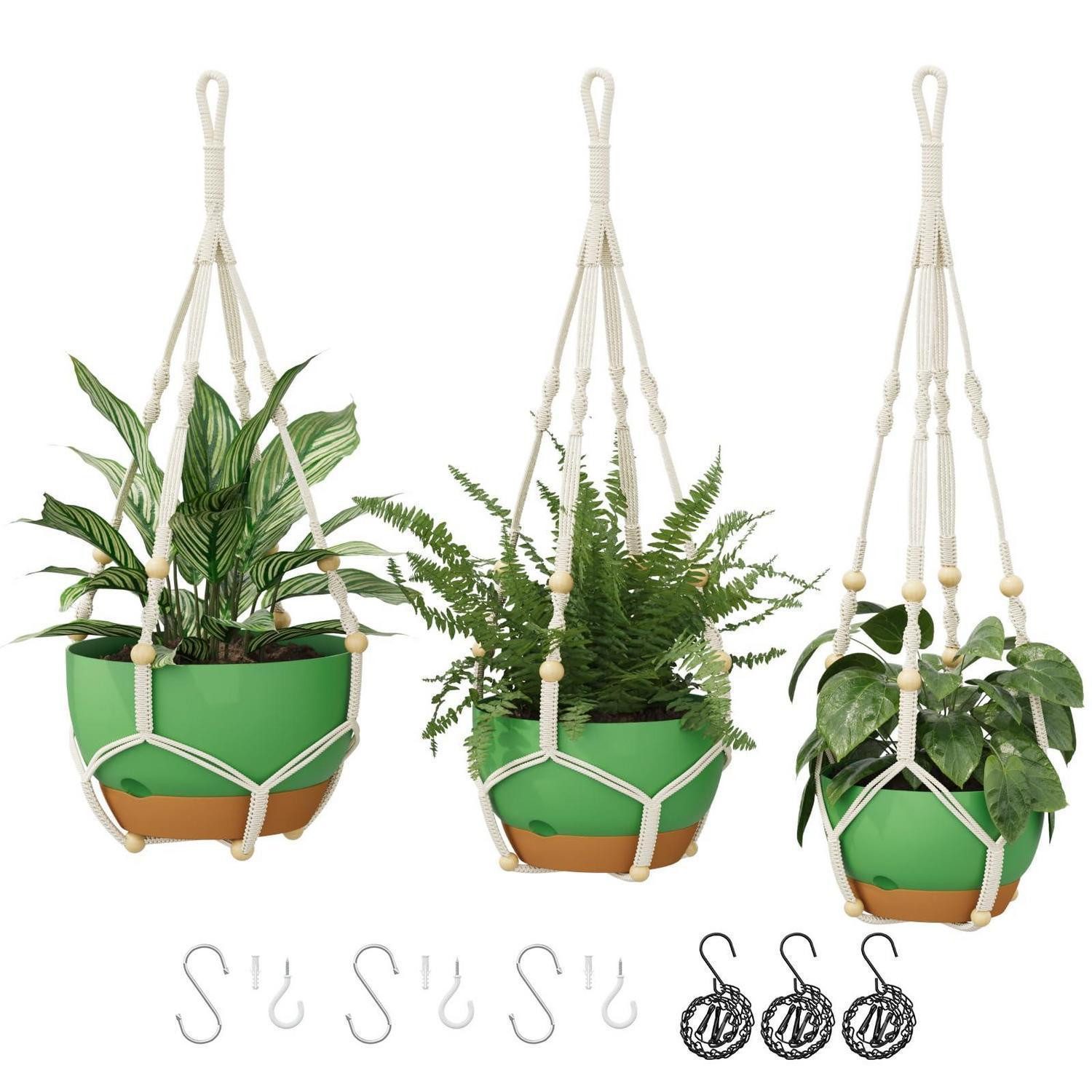 LuxusKollektion Blumenampel Blumenampeln Makramee 3er Set Selbstbewässerung Kette Grün, Pflanzenampel