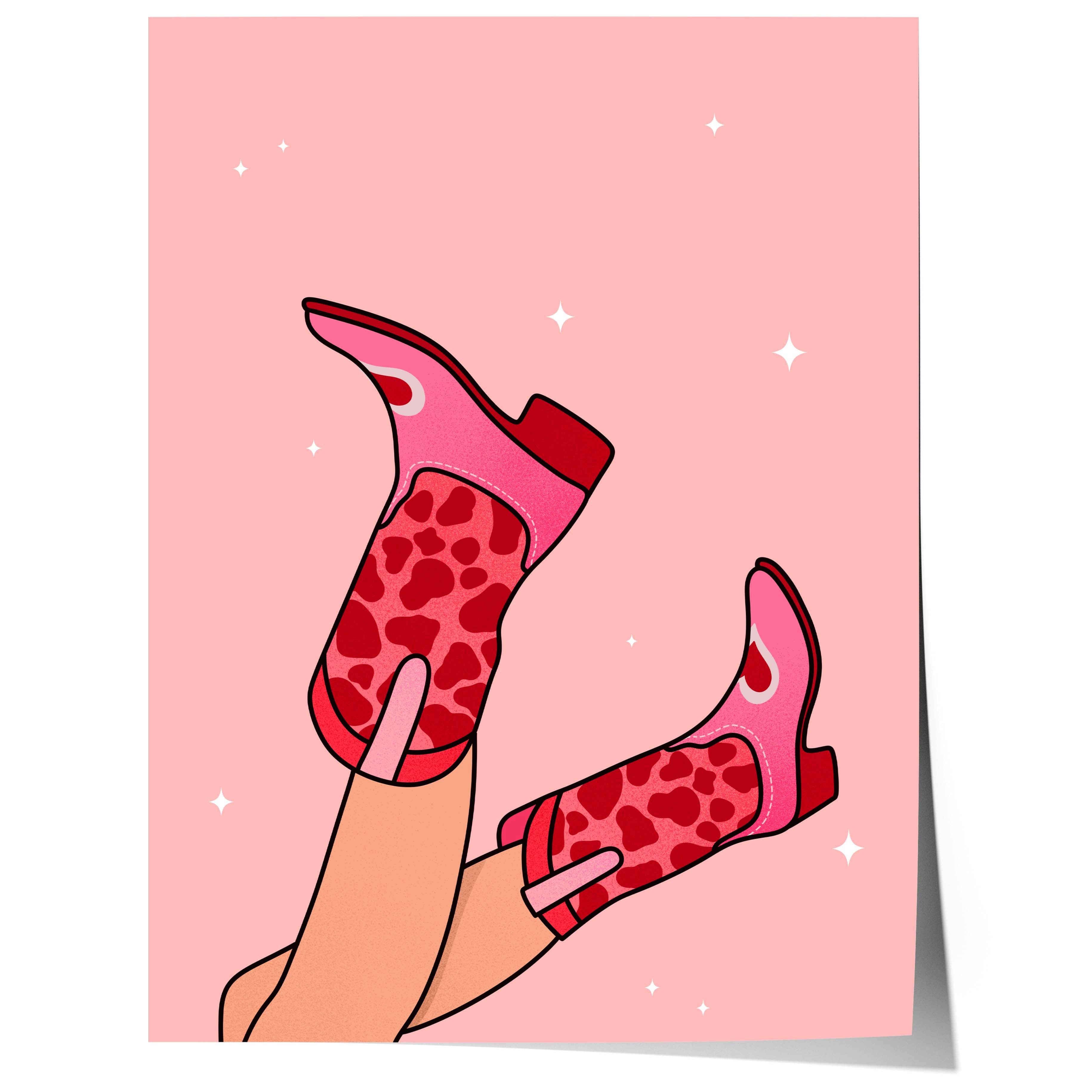 JUSTGOODMOOD Poster Pink Cowboy Boots Cowgirl Aesthetic llustration Trendy Western Wall Ar, (1 St)