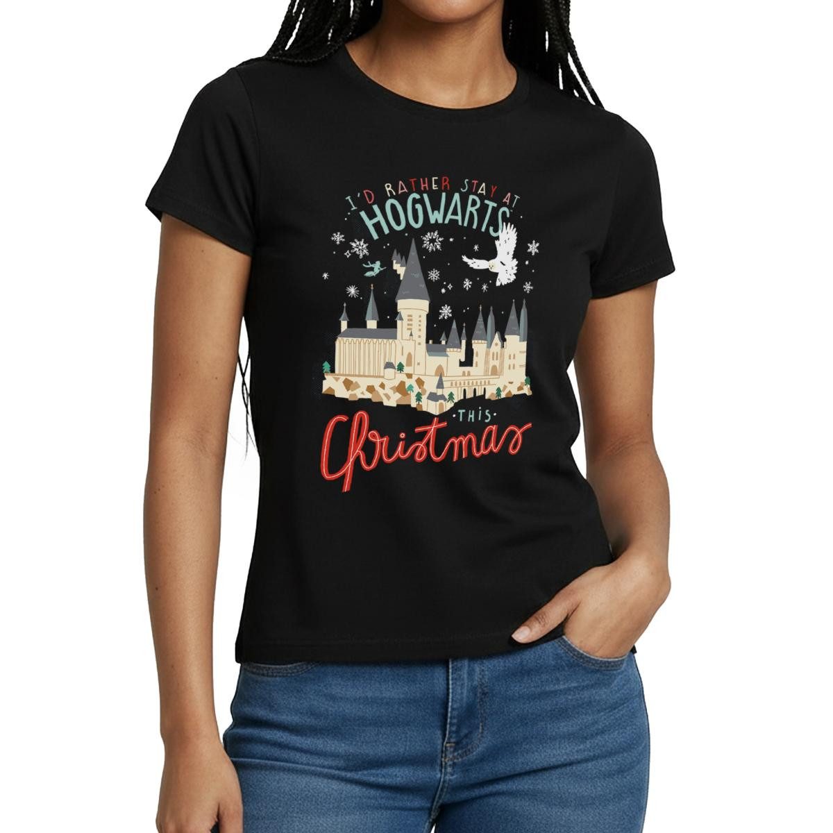 T-Shirt Harry Potter Lieber In Hogwarts Bleiben Weihnachten Frauen T-Shirt
