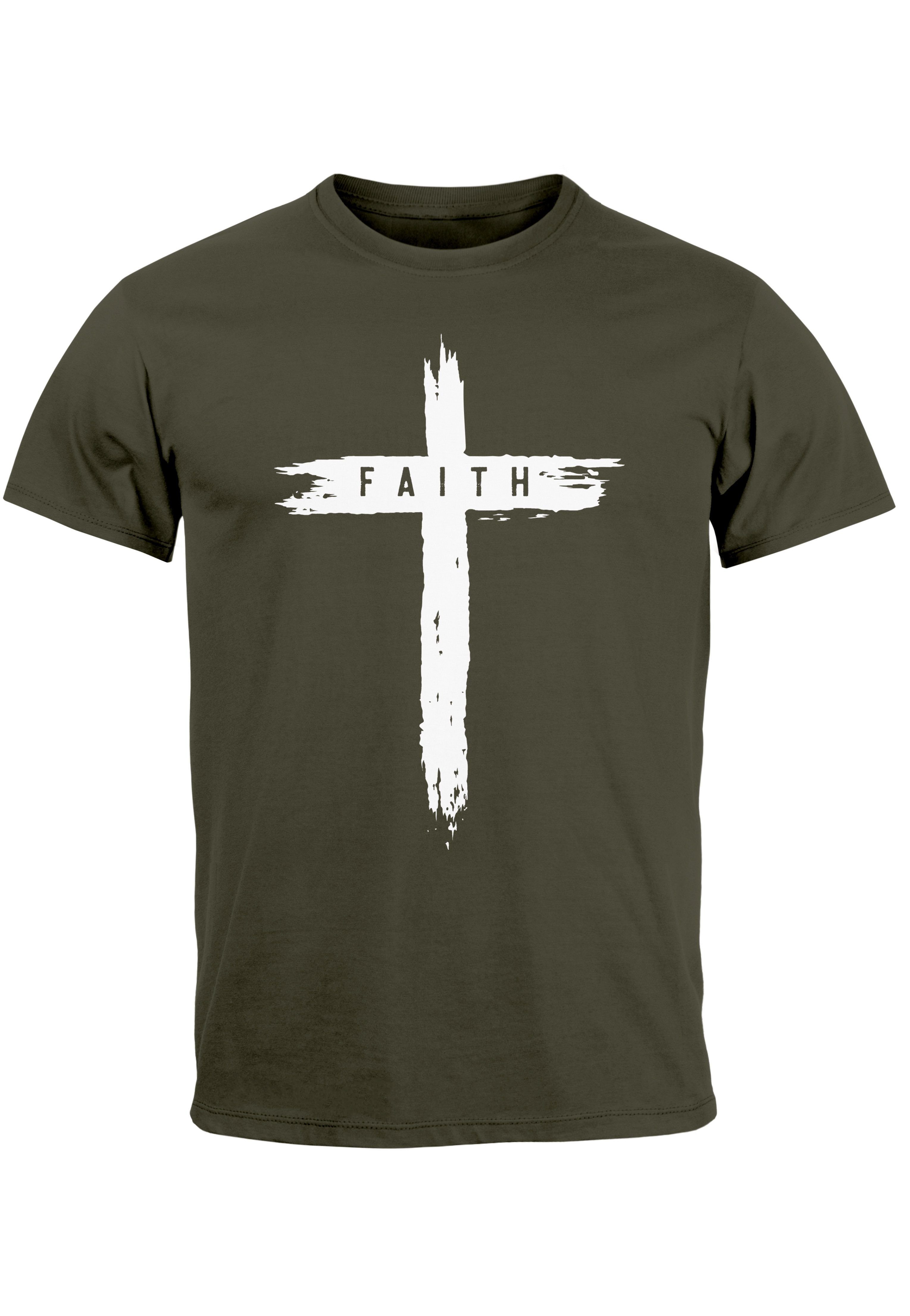 Neverless Print-Shirt Herren T-Shirt Printshirt Aufdruck Kreuz Cross Faith Glaube Trend-Moti mit Print army