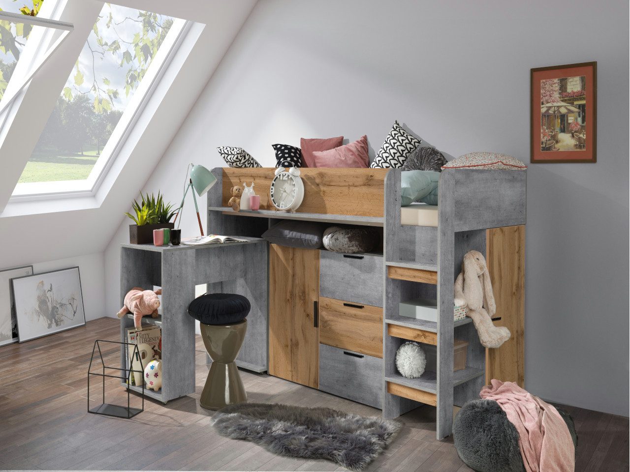 ABIKS MÖBEL Hochbett KONKRET 1 Etagenbett für Jugendliche mit Schreibtisch, Kleiderschrank