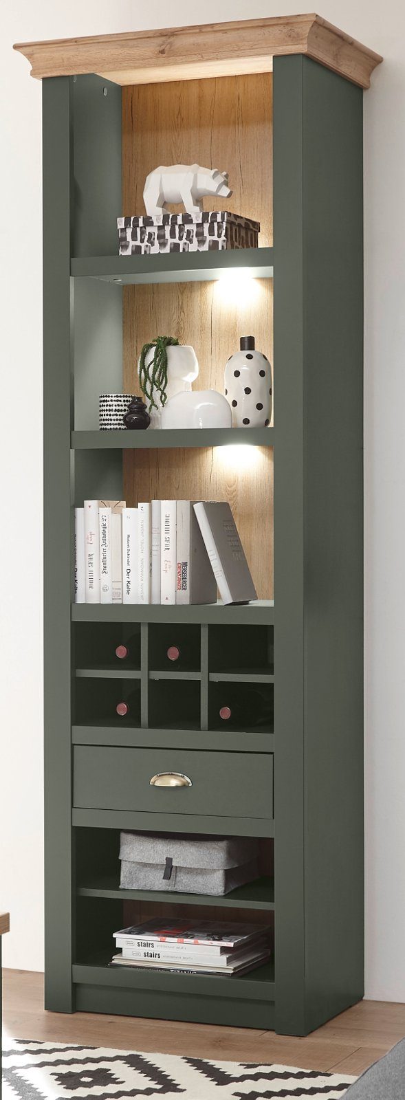 Furn.Design Fächerschrank Norwich (Regalschrank in dunkelgrün mit Wotan Eiche, 68 x 207 cm) mit Weinregal