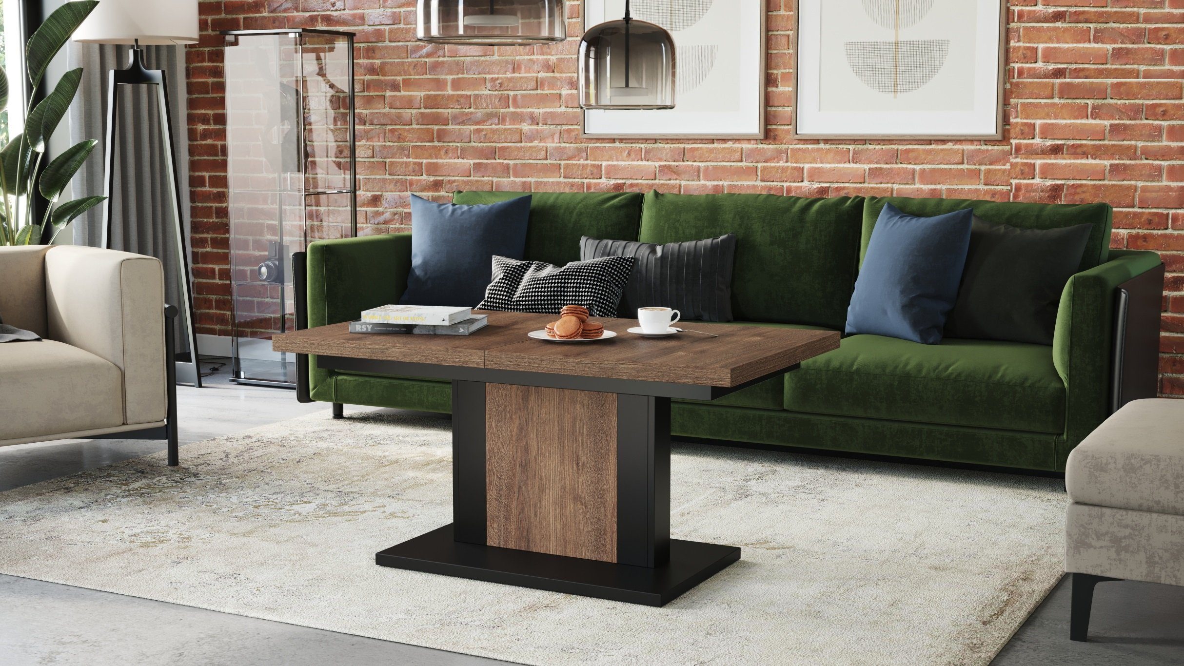 designimpex Couchtisch höhenverstellbar Couchtisch Eiche Esstisch Schwarz dunkel Orion matt Design ausziehbar - stufenlos