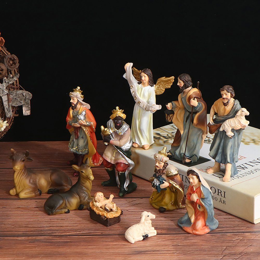 Fanci Home Krippenfigur Weihnachtsfiguren W5 ca. 10cm groß Weihnachtsdeko (11 St., 11er Set), Handbemalte heilige Familie Advent Dekoration