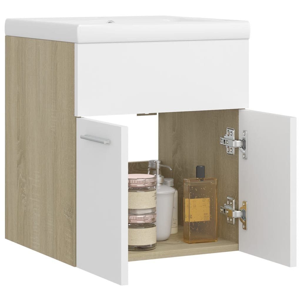 vidaXL Badezimmerspiegelschrank Waschbeckenunterschrank mit Sonoma-Eiche und Einbaubecken (1-St) Weiß