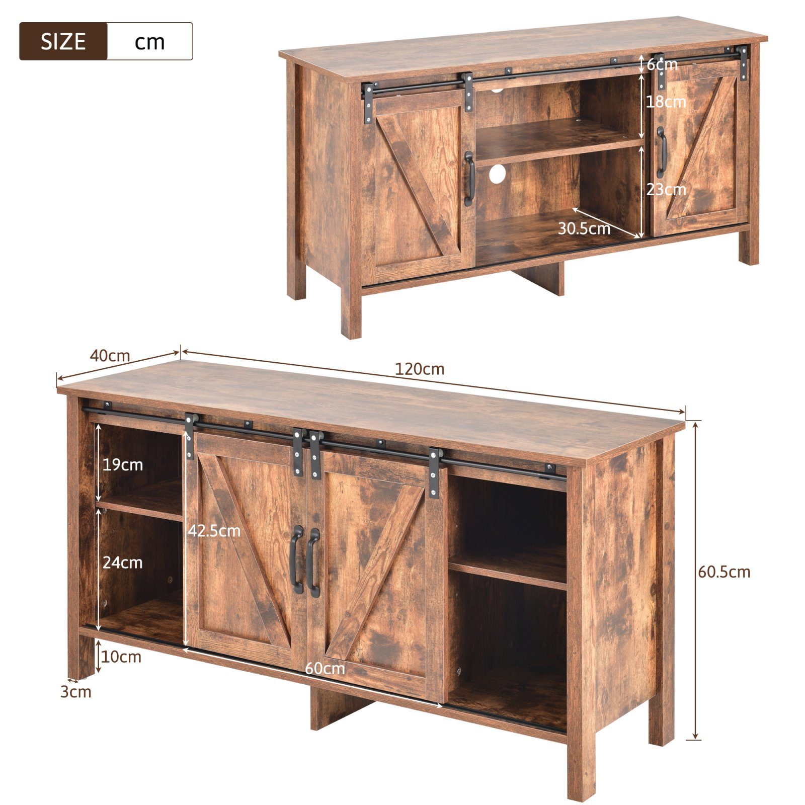 SEEZSSA TV-Schrank TV-Ständer, Sideboard Verstellbare mit und 2 Ablage Vintage Schiebetüren Aufbewahrungsschrank Holz, Küchenschrank, Beistellschrank