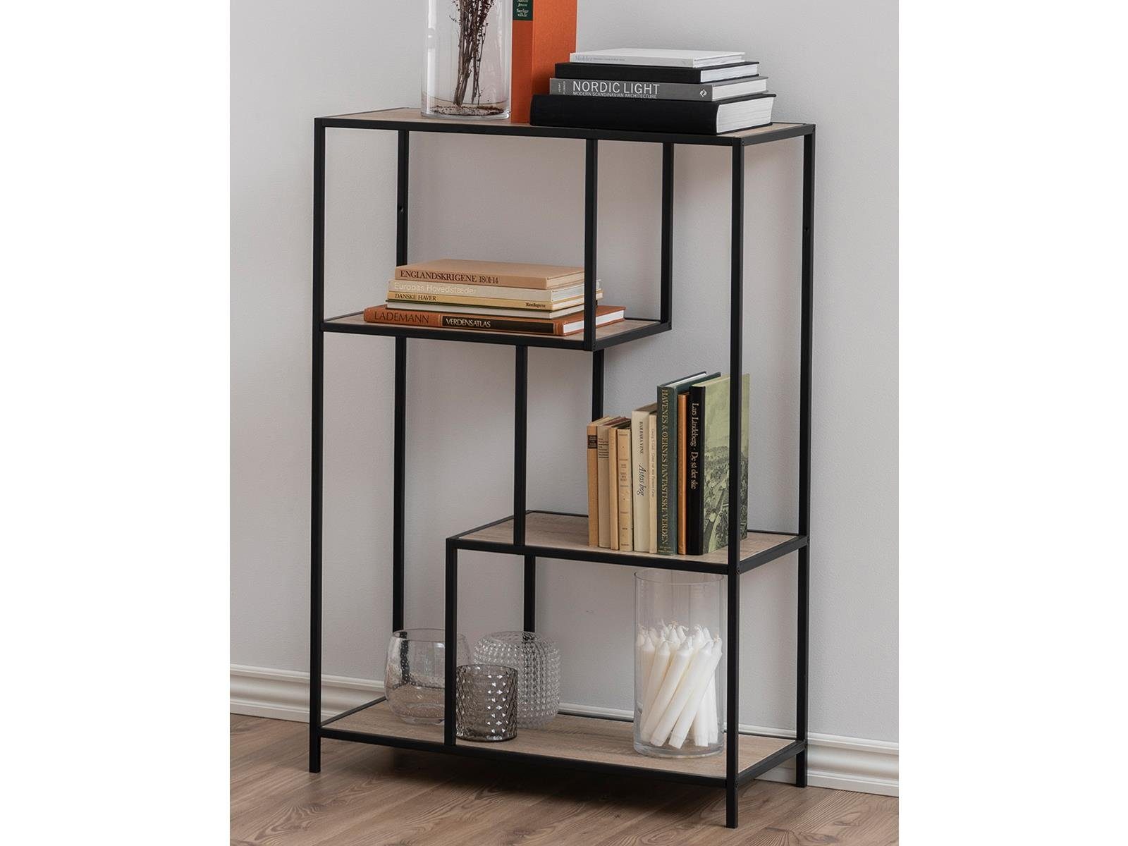 möbelando Regal Carney IV, Modernes Regal mit 4 Ablageflächen, Gestell aus Metall pulverbeschichtet in Schwarz-Matt, Ablageflächen aus MDF in Wildeiche Nachbildung. Breite 77 cm, Höhe 114 cm, Tiefe 35 cm