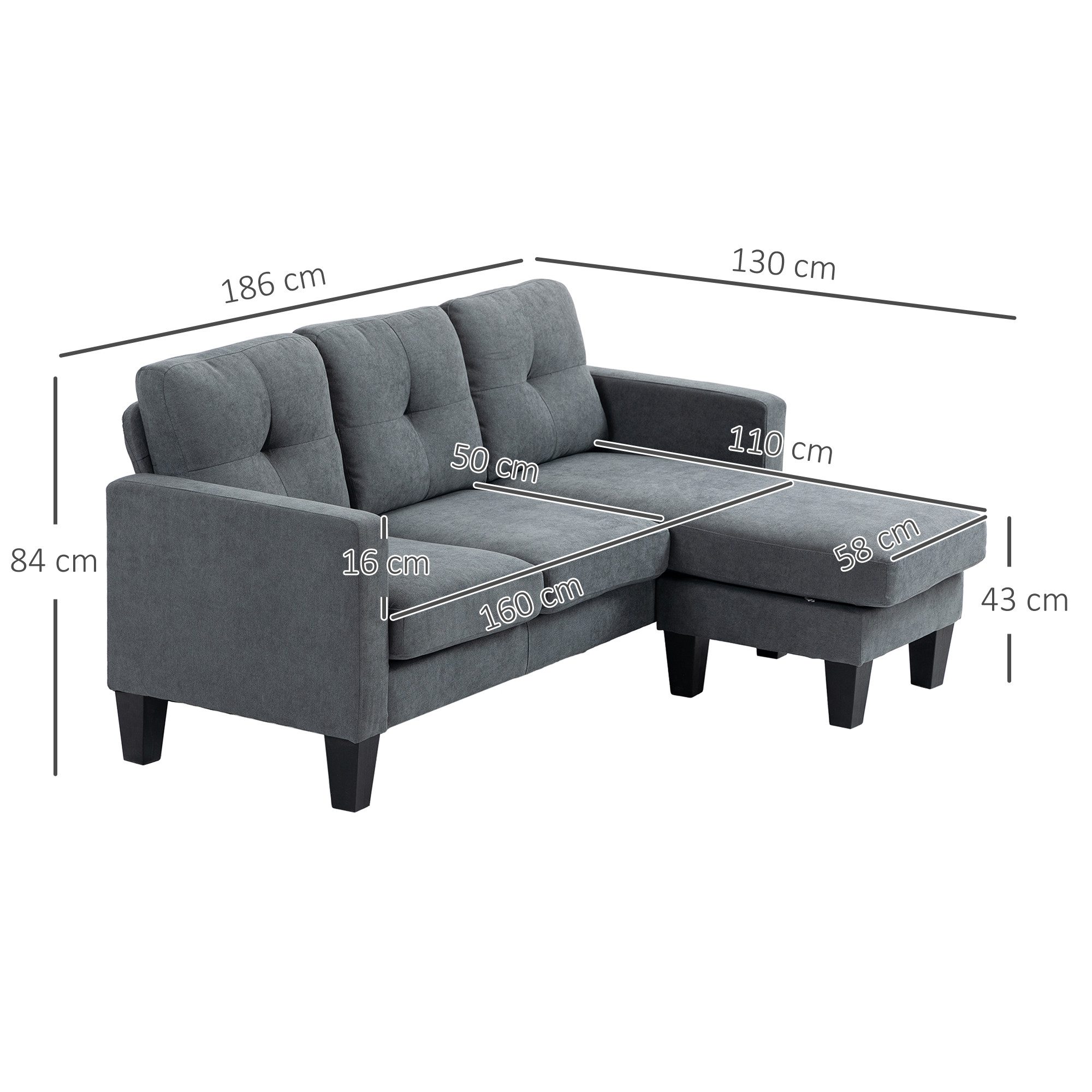 HOMCOM Ecksofa Couch mit Umkehrbarer Chaiselongue, Federkern, Hochdichtem Schaumstoff, L Form Eckcouch 1 Teile, für Wohnzimmer, Schlafzimmer, Dunkelgrau