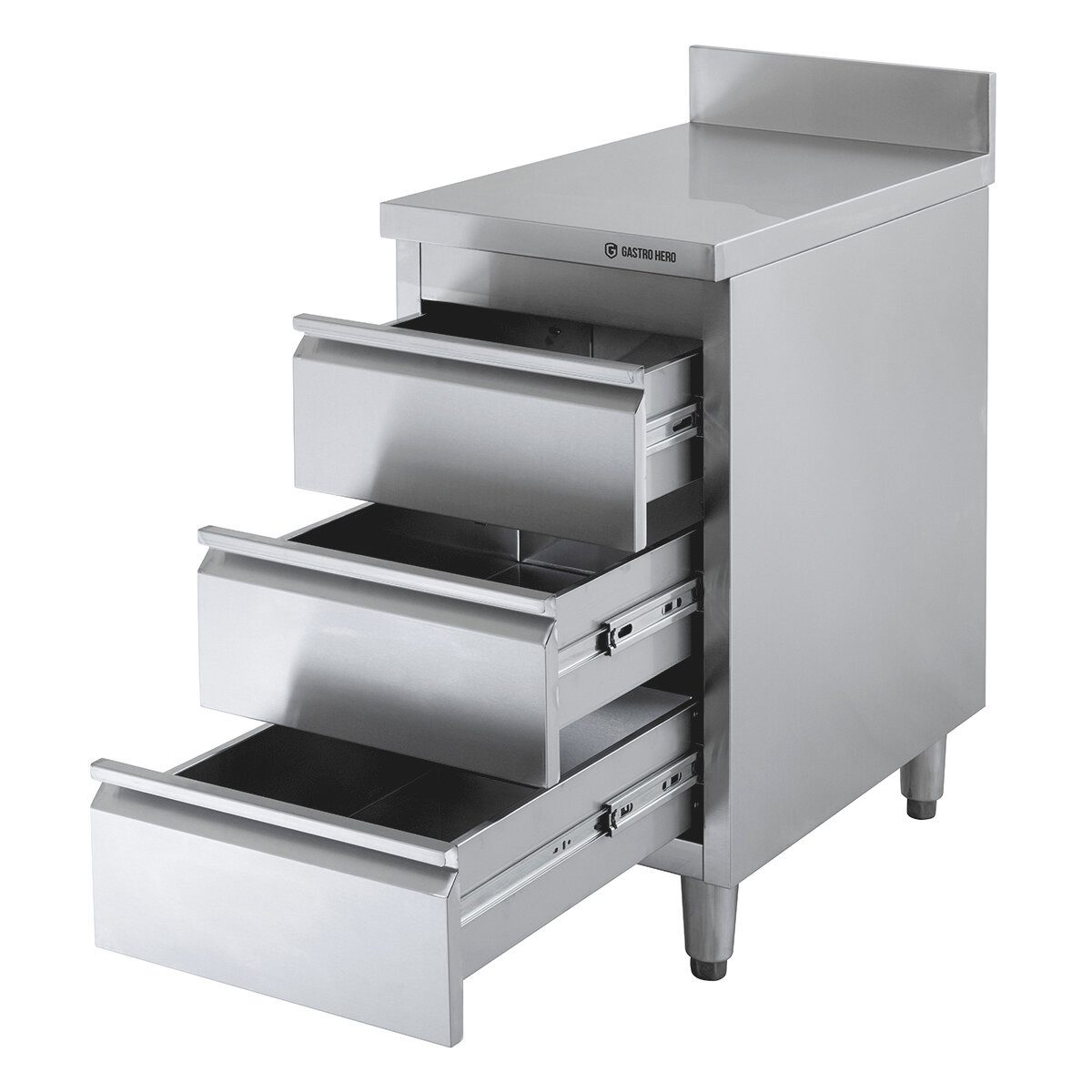 GastroHero Hochschrank Edelstahl Schubladenschrank 400x600 mm 3 Schubladen Aufkantung